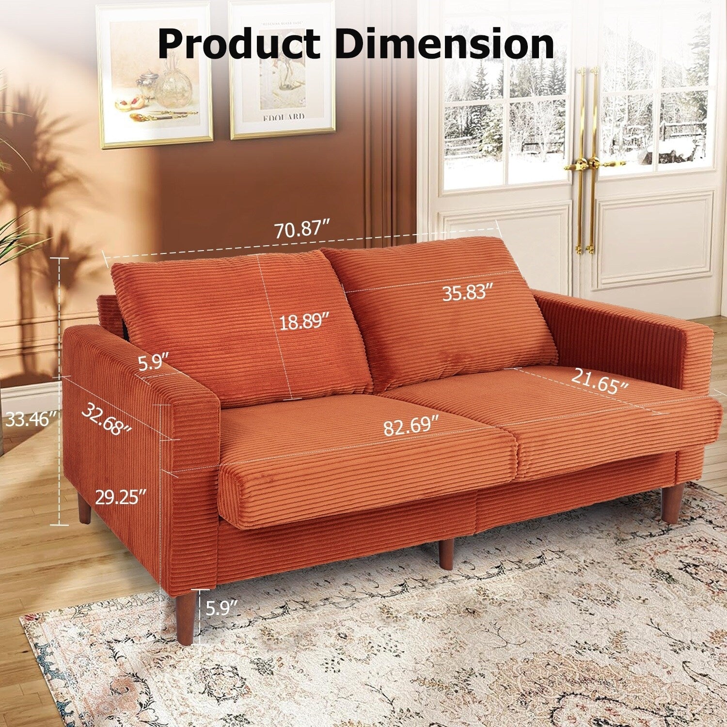 74 Sofas for Living Room, Corduroy Love Seat Couches, Small Couch with 2 Pillow ,, Easy Assembly Sofa for Small Spaces