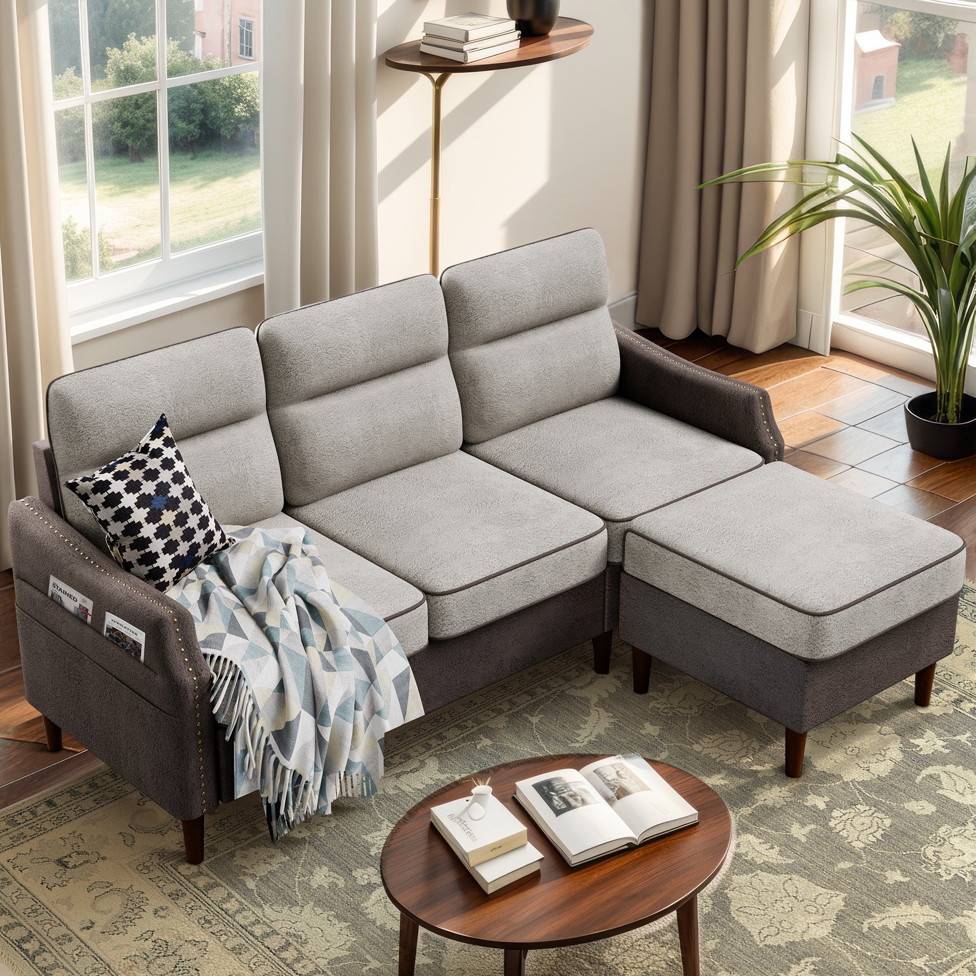 Futzca 78â?L Shaped Sofa Couch with Ottoman and Side Storage Bag
