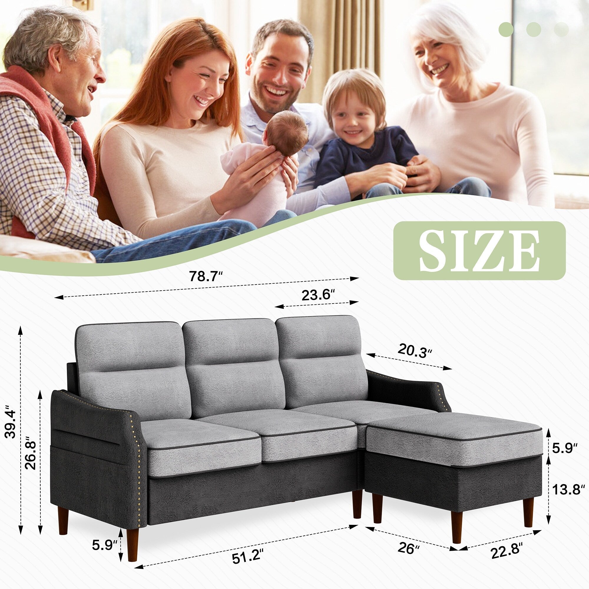 Futzca 78â?L Shaped Sofa Couch with Ottoman and Side Storage Bag