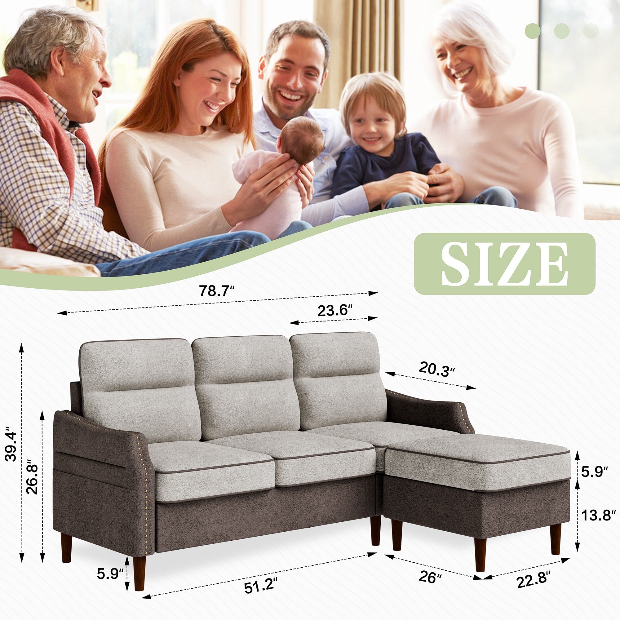 Futzca 78â?L Shaped Sofa Couch with Ottoman and Side Storage Bag