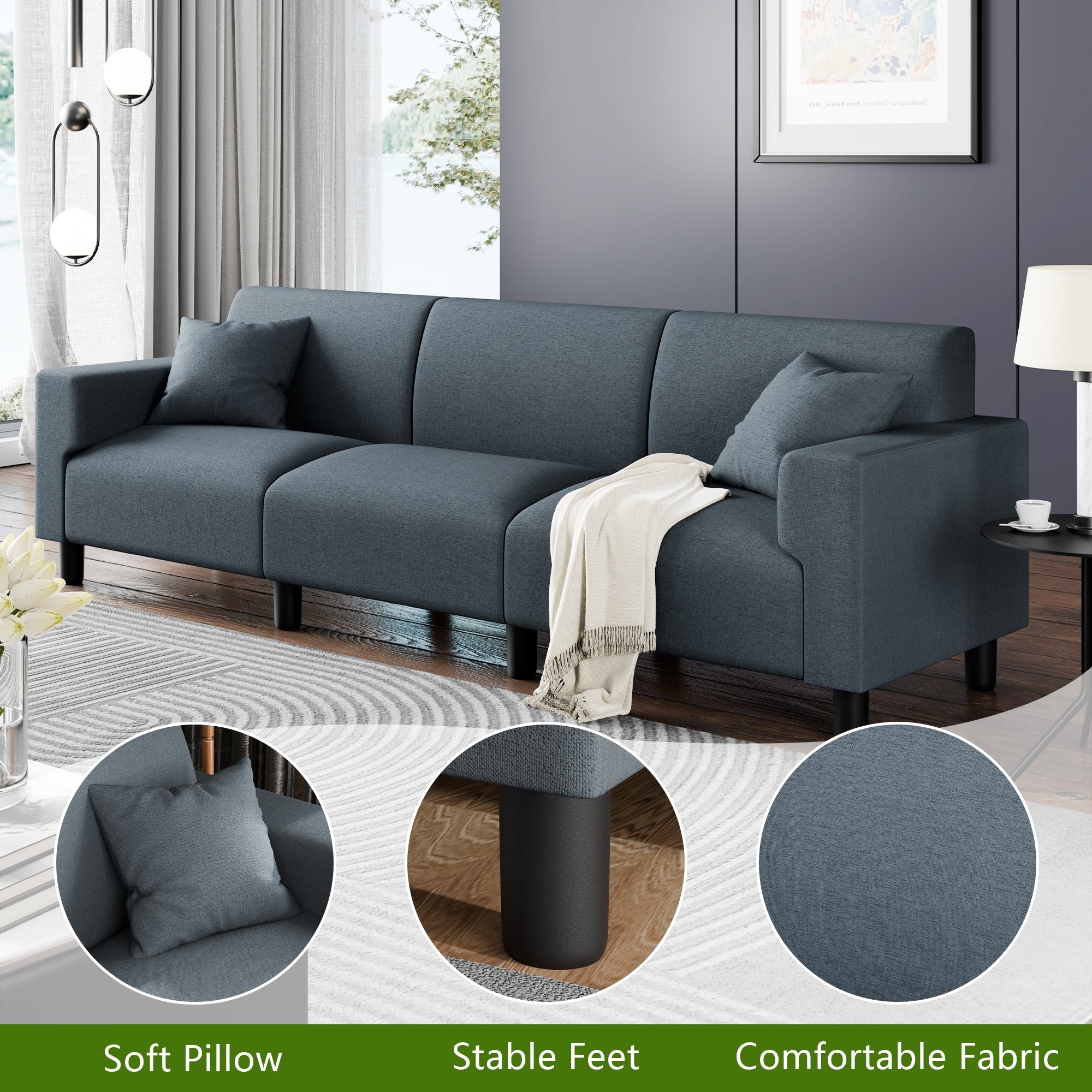 Futzca 94'' Sofa Couch, Modern 3-Seater Sofa with Two Pillows