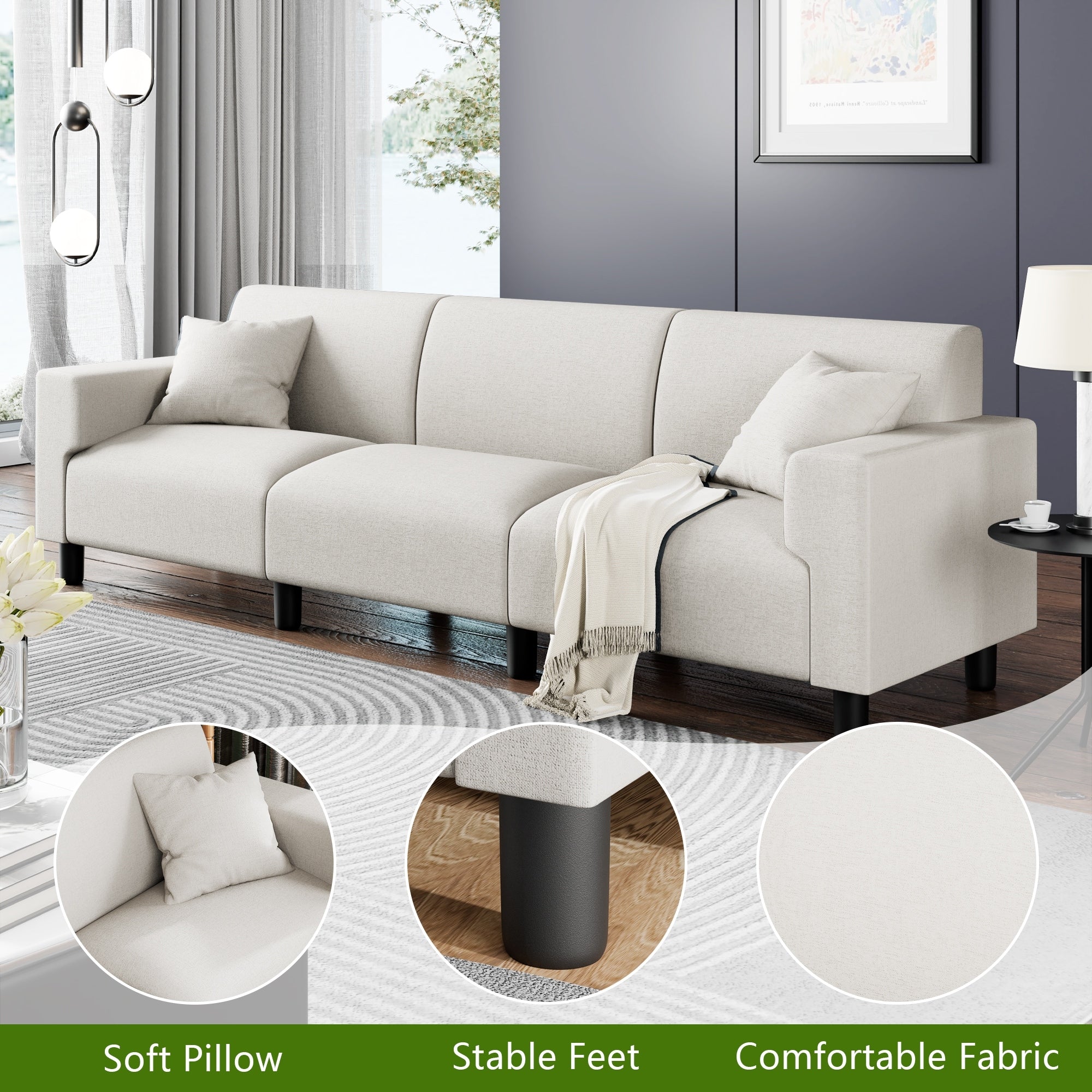Futzca 94'' Sofa Couch, Modern 3-Seater Sofa with Two Pillows