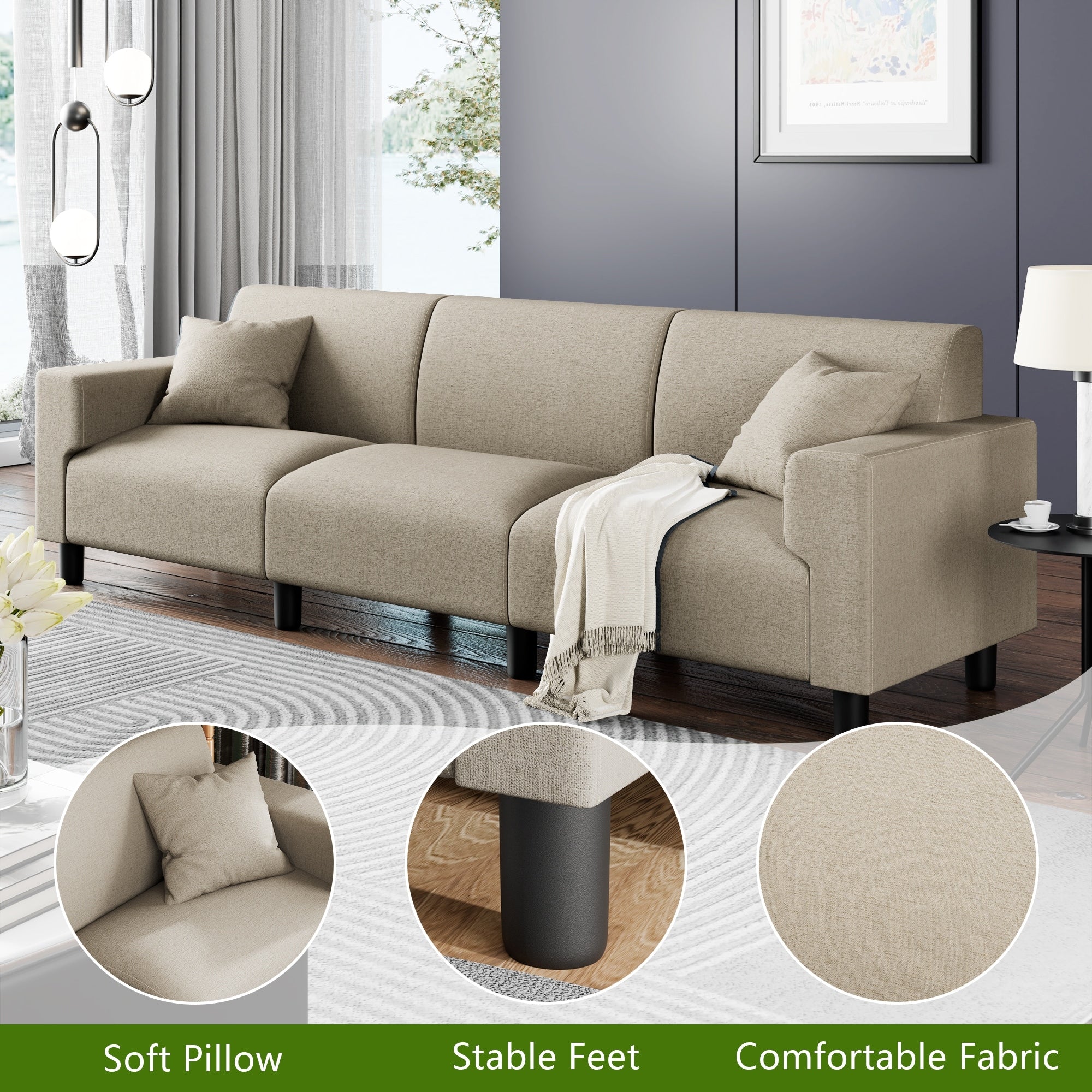 Futzca 94'' Sofa Couch, Modern 3-Seater Sofa with Two Pillows