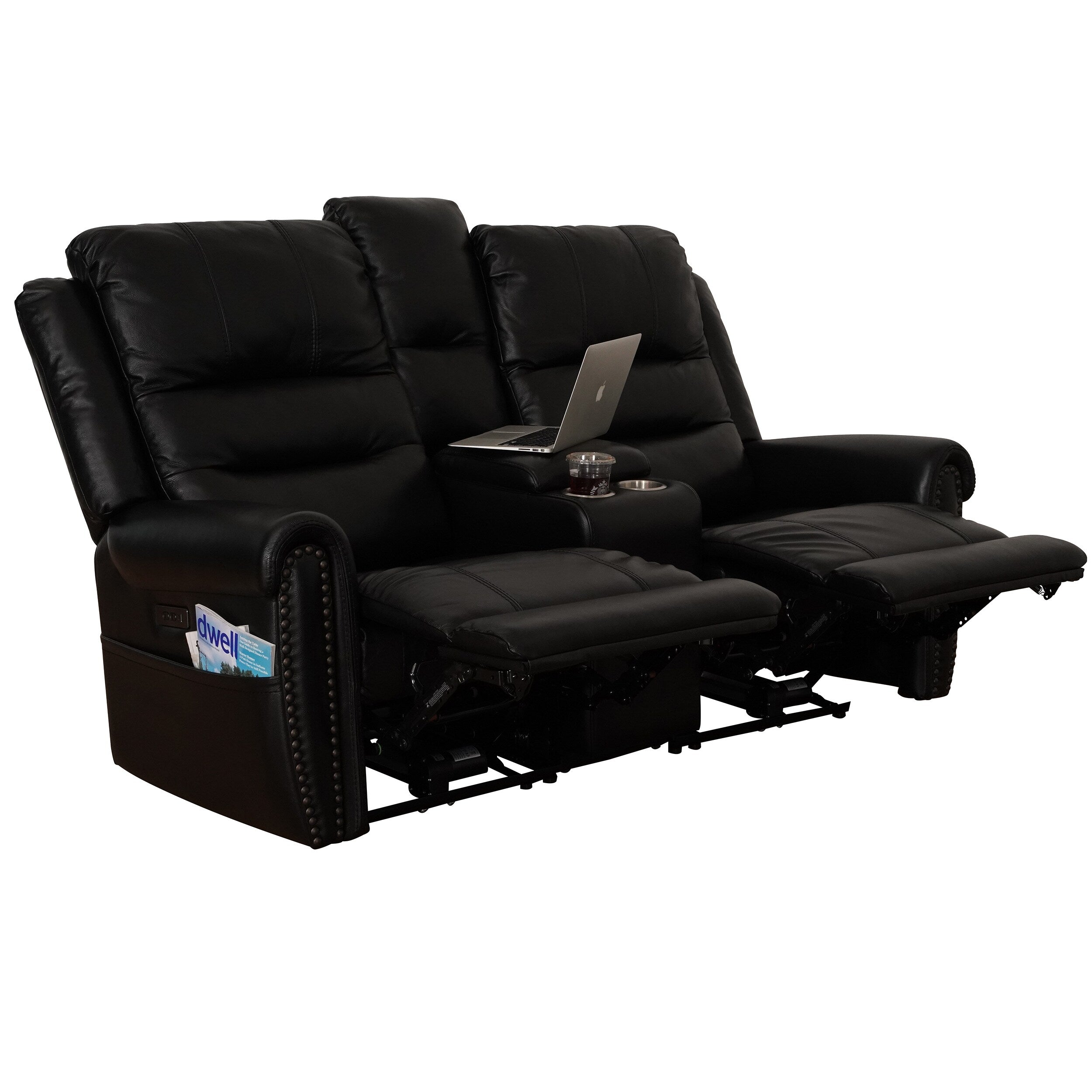 Genuine Leather Black Power Recliner Sofa, Loveseat, Recliner With Adjustable Headrest and Extendable Footrest