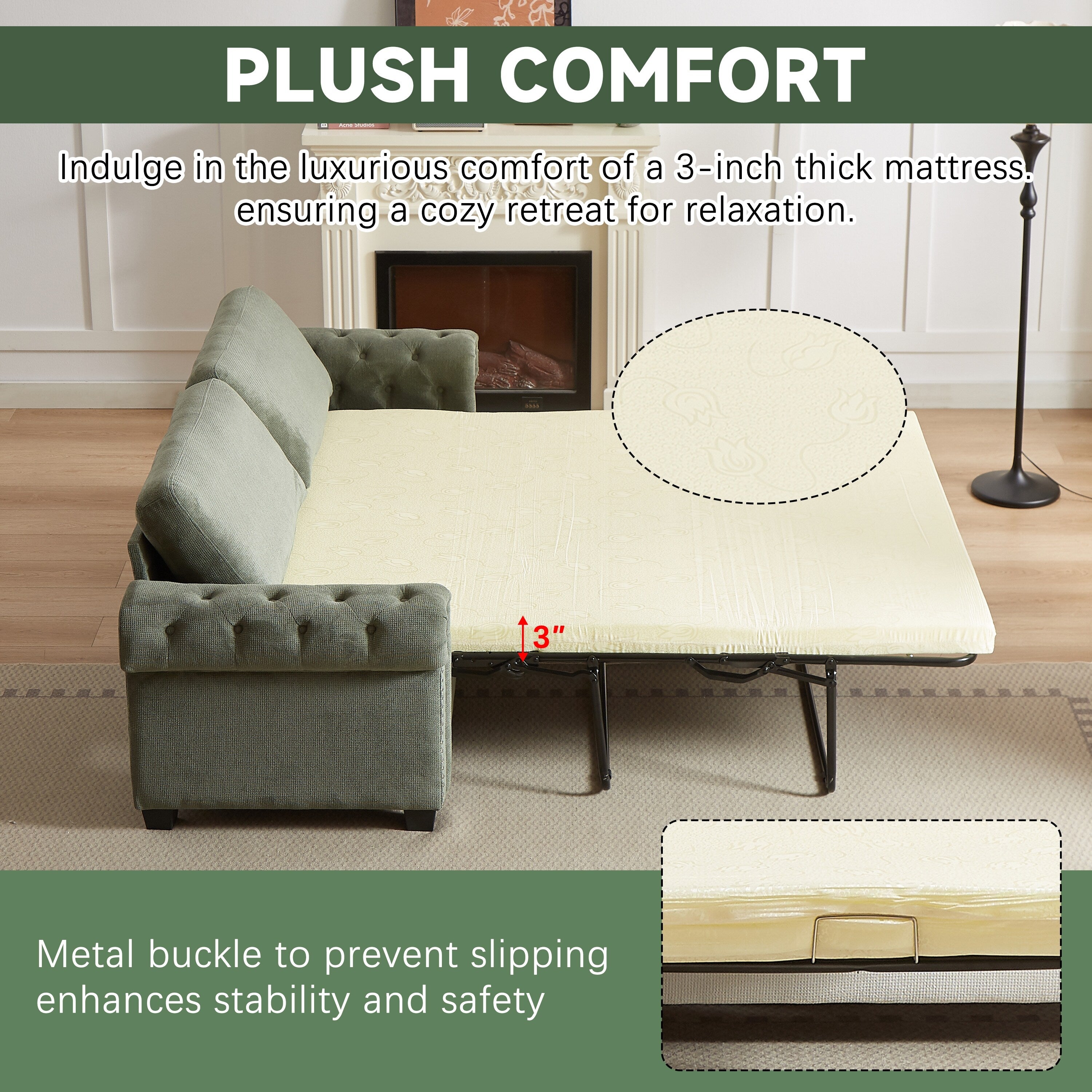 Green 83.8 2-in-1 Polyester 3-seater Nailheads Convertible Pullout Sofa Bed with Folding Mattress for Living Room