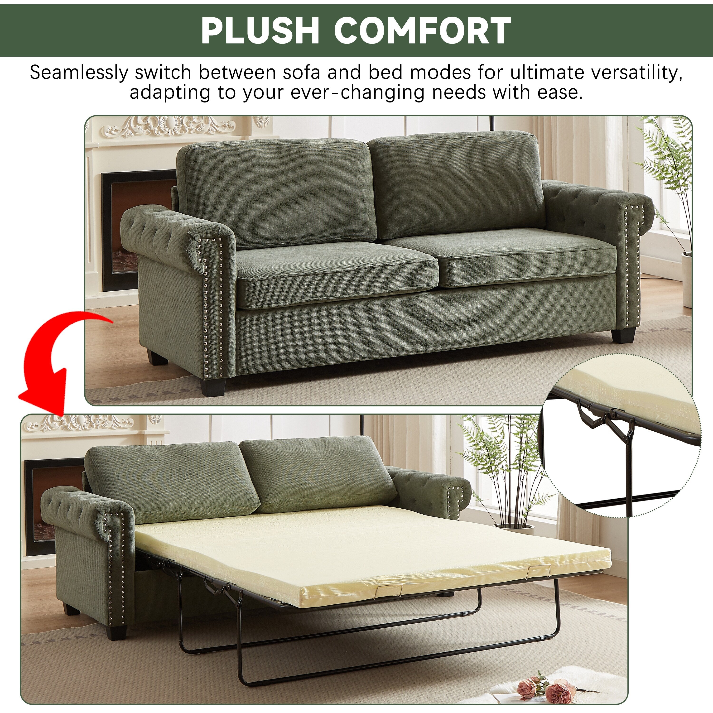 Green 83.8 2-in-1 Polyester 3-seater Nailheads Convertible Pullout Sofa Bed with Folding Mattress for Living Room