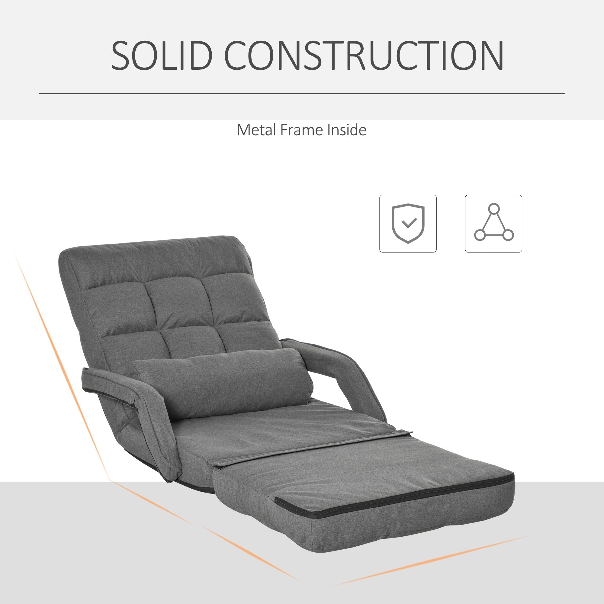 HOMCOM Convertible Floor Sofa Bed, Recliner Armchair Upholstered Sleeper Chair with Pillow for Living Room Bedroom Lounge, Grey