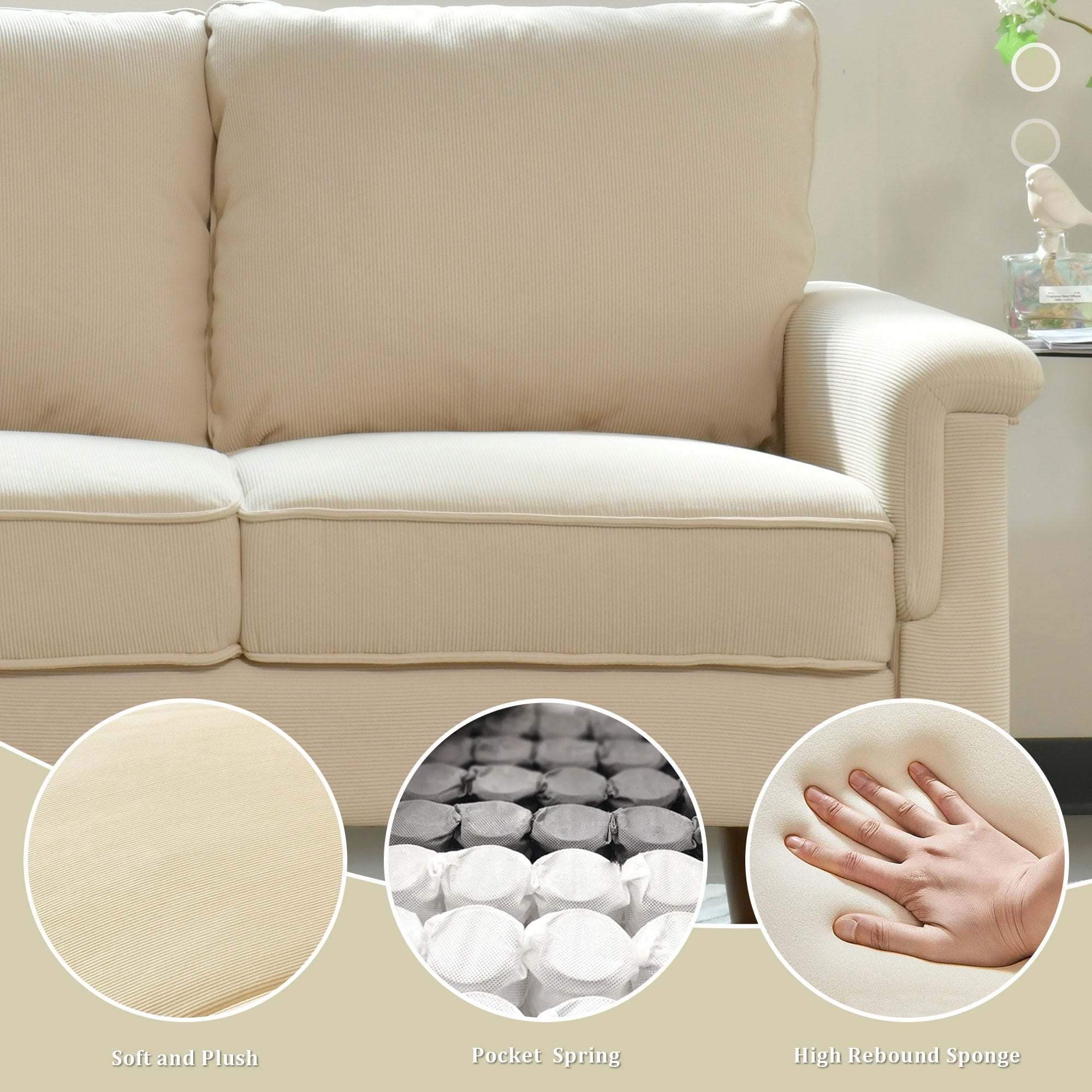 HOOOWOOO Modern 3 Seater Polyester Fabric Sofa Couch with Wide Armrest