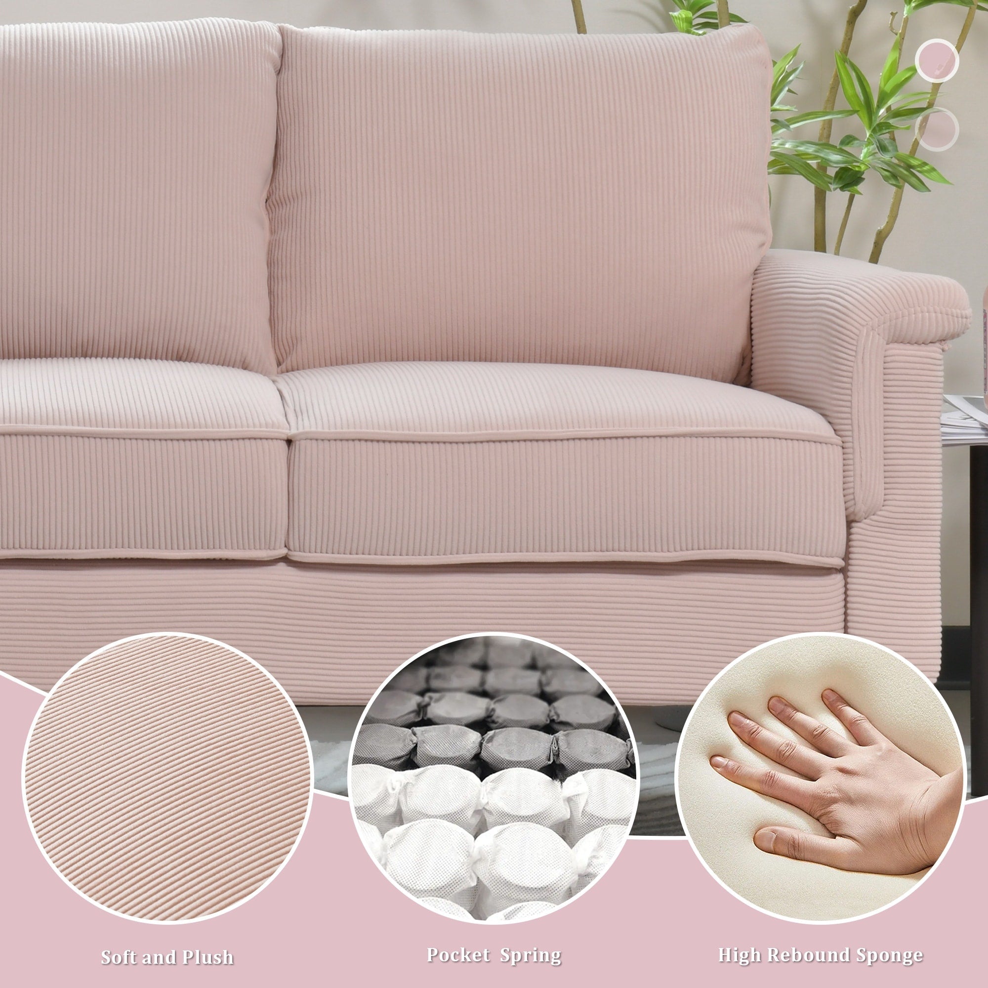 HOOOWOOO Modern 3 Seater Polyester Fabric Sofa Couch with Wide Armrest