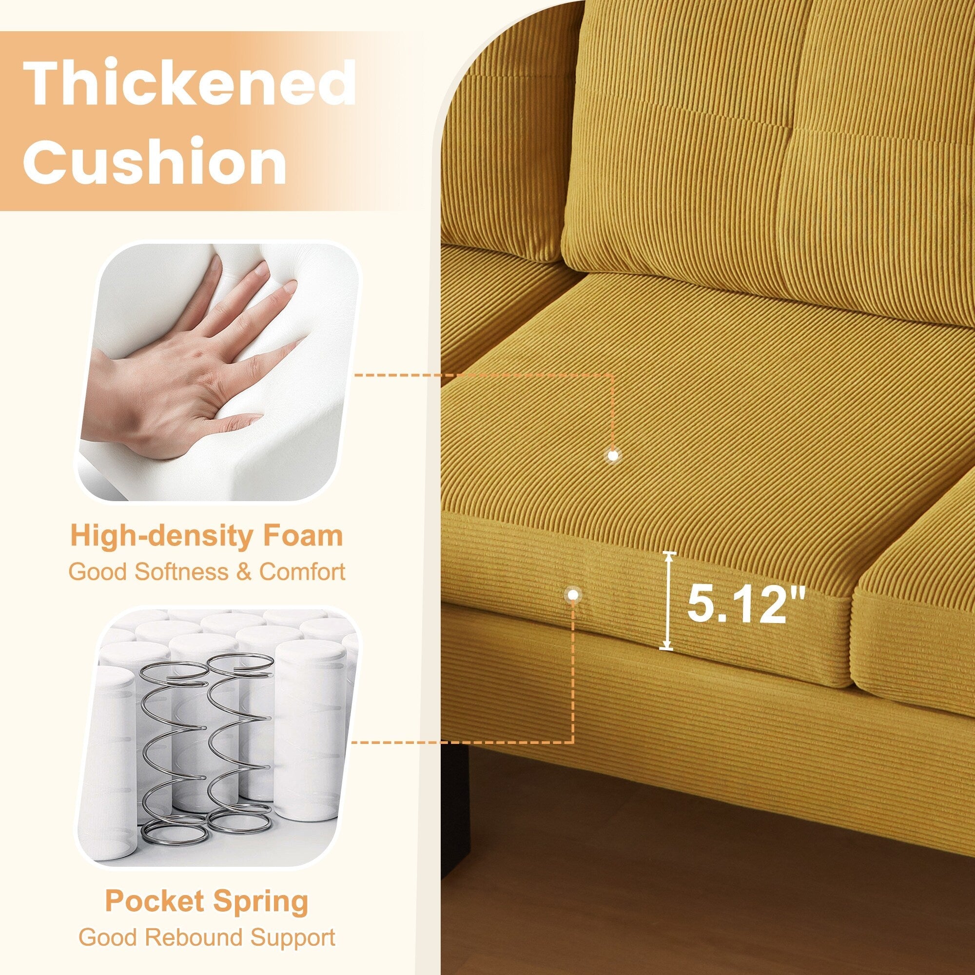 HOOOWOOO Modern L-shaped Corduroy Fabric Chaise Sofa