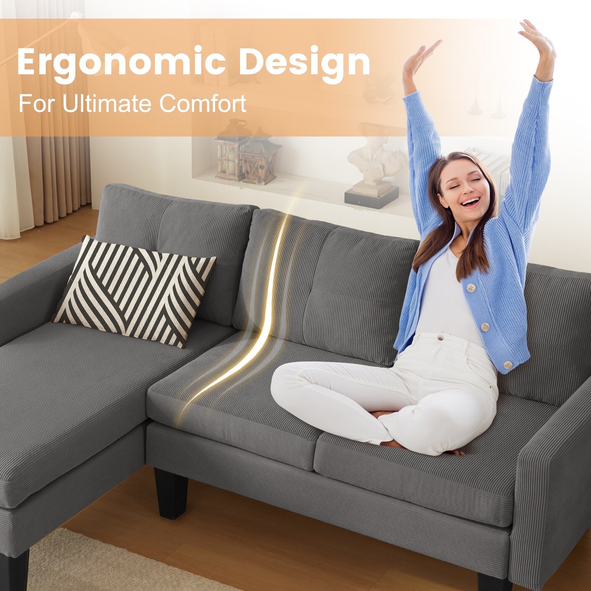 HOOOWOOO Modern L-shaped Corduroy Fabric Chaise Sofa