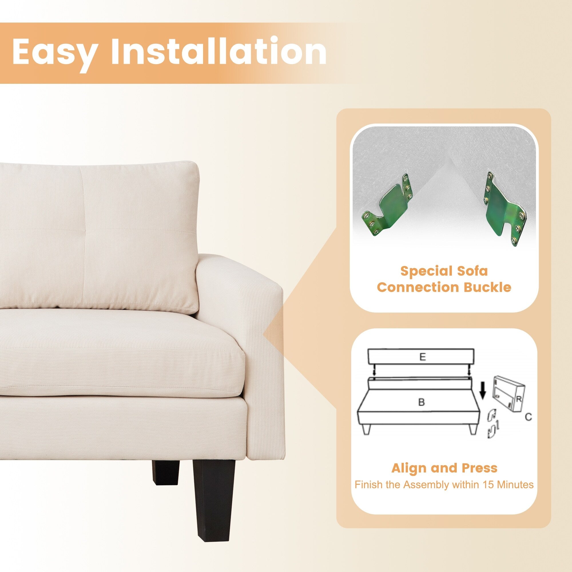 HOOOWOOO Modern L-shaped Corduroy Fabric Chaise Sofa