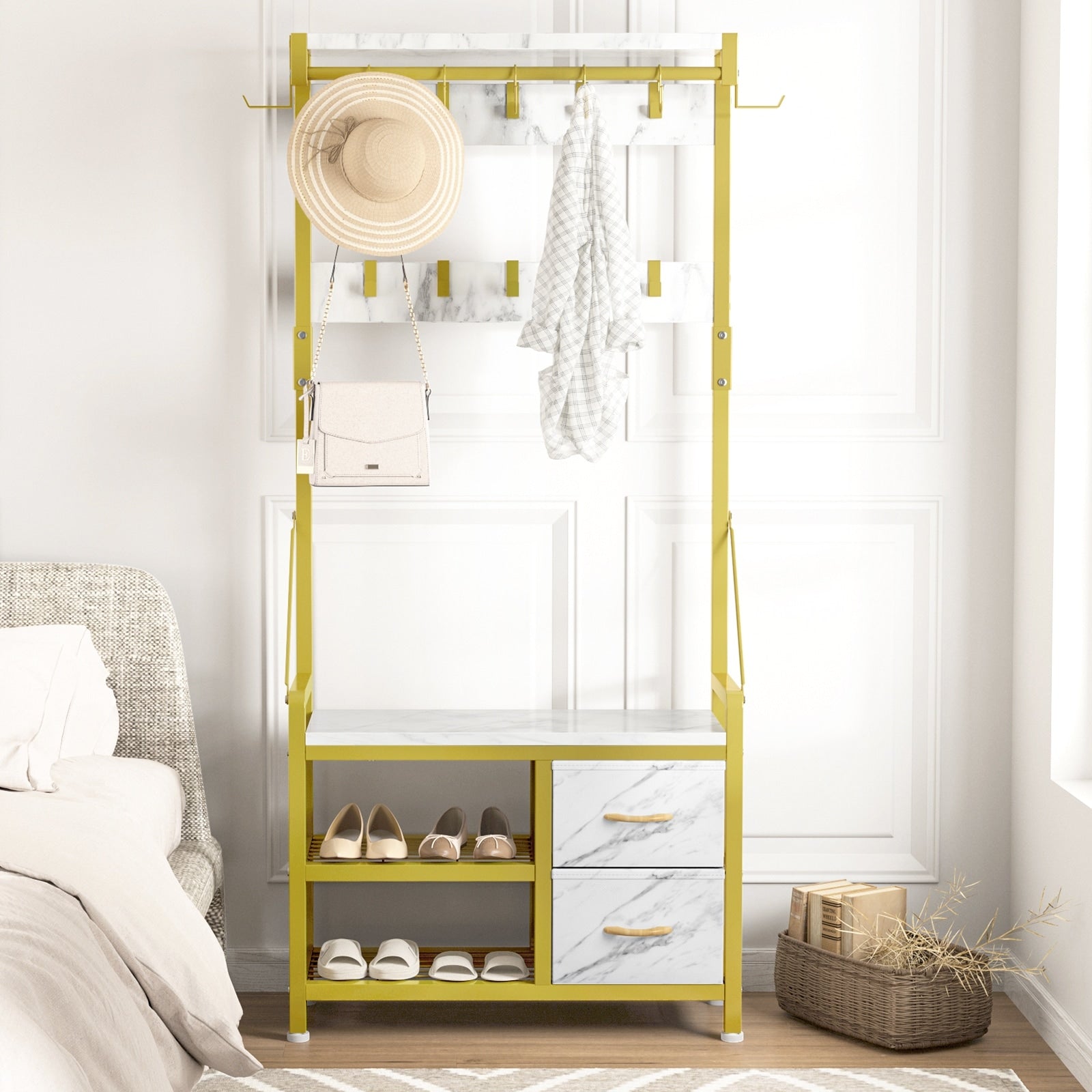 Hall Tree with Bench, Can Divided into freestanding Shoe Bench and Wall Rack