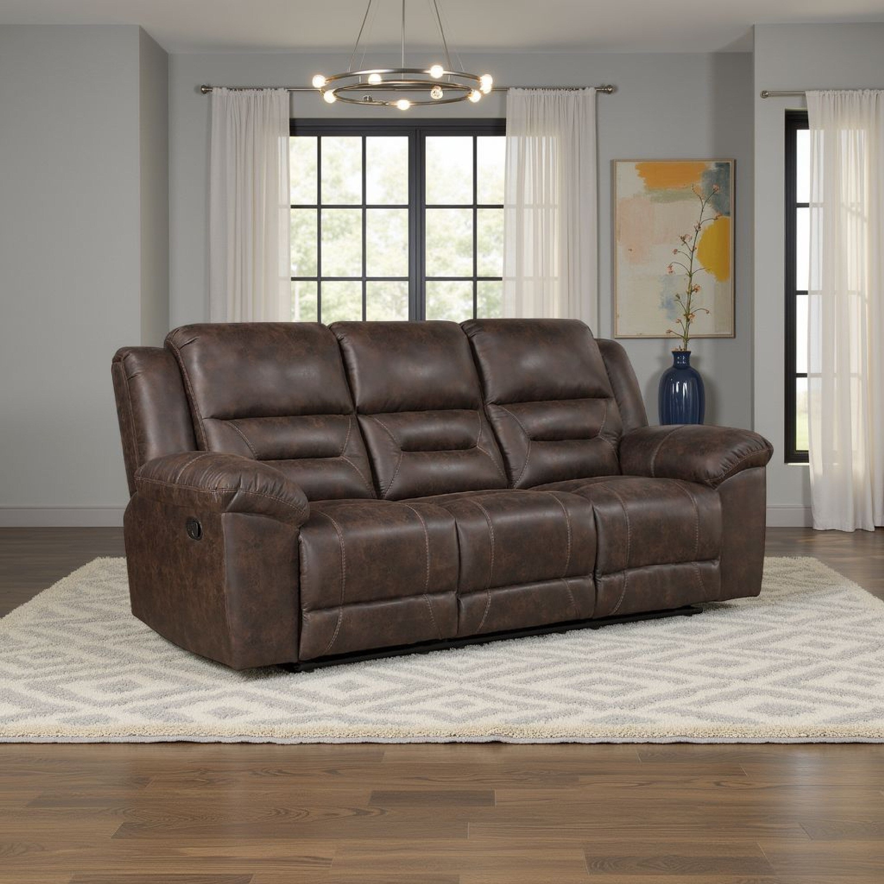 Henry Manual Double Reclining Sofa, Pillow Tuft Dark Brown Microfiber