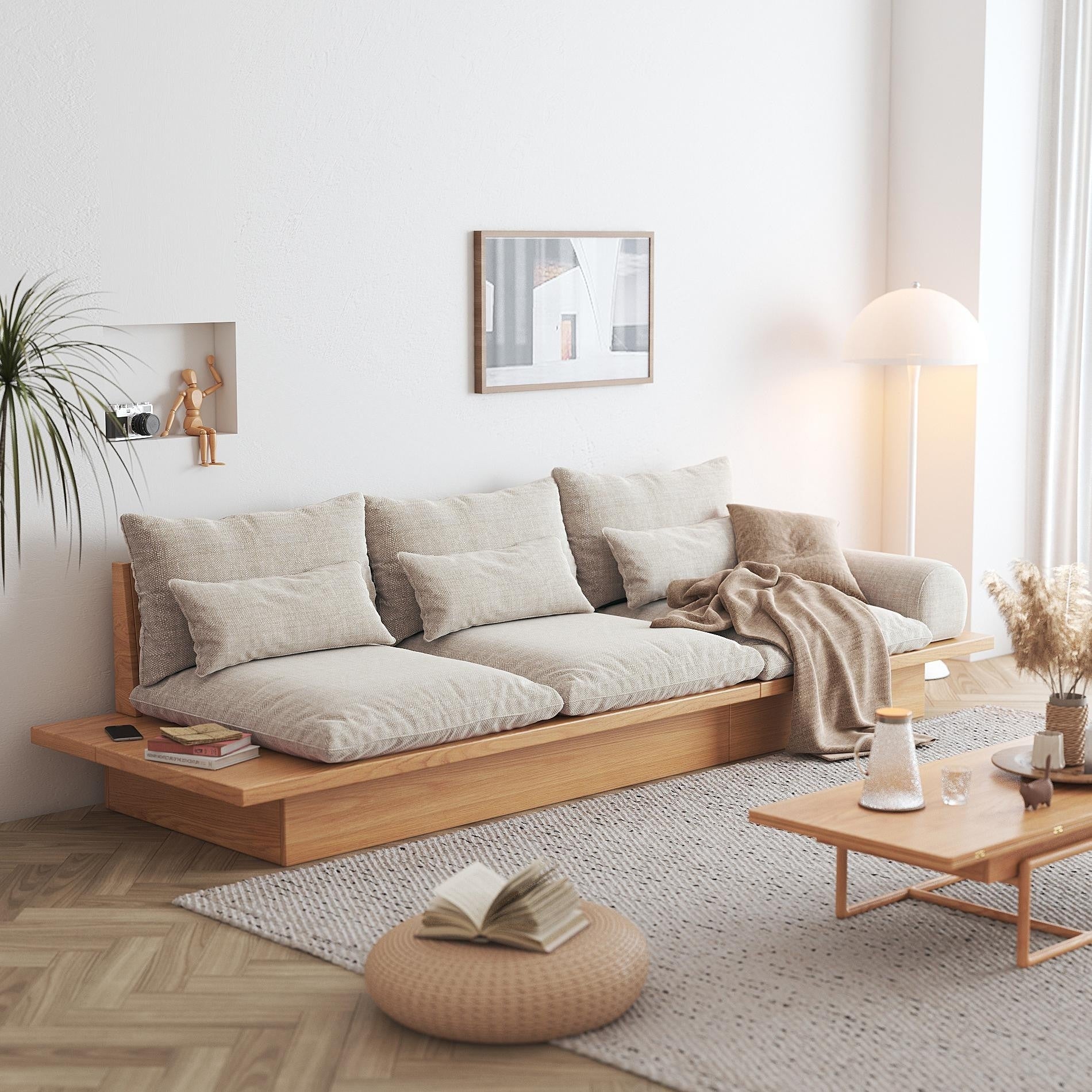 JASIWAY Cotton Line Beige Sofa With Wood Frame
