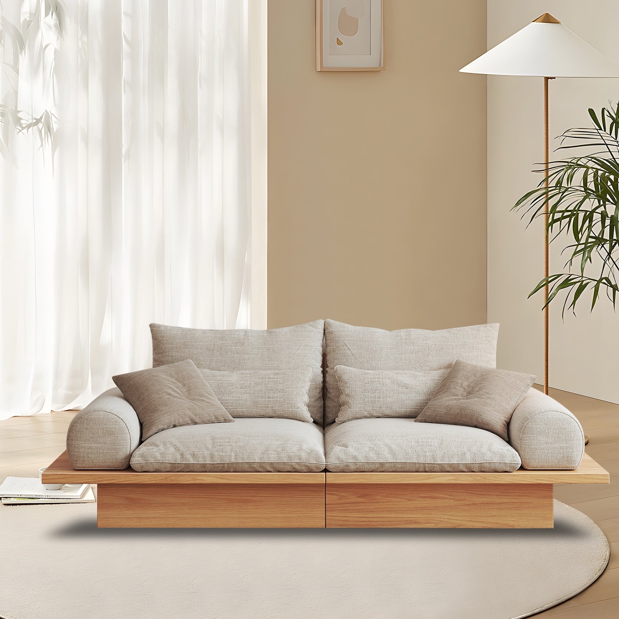 JASIWAY Cotton Line Beige Sofa With Wood Frame