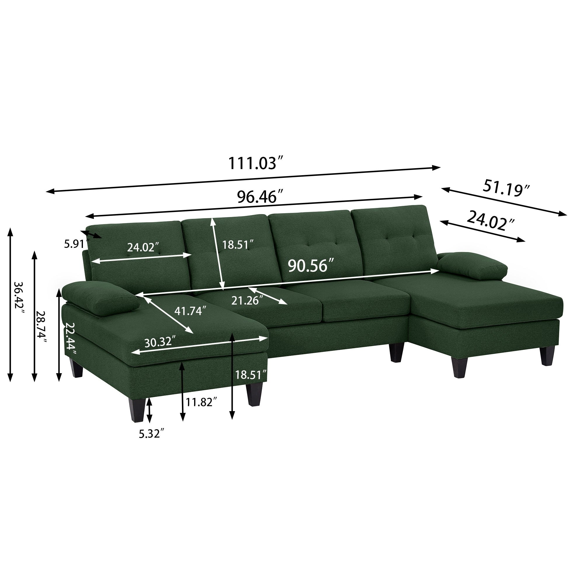 Jarenie U-Shaped 4 Seat Sectional Sofa Couch with Double Chaise for Living Room