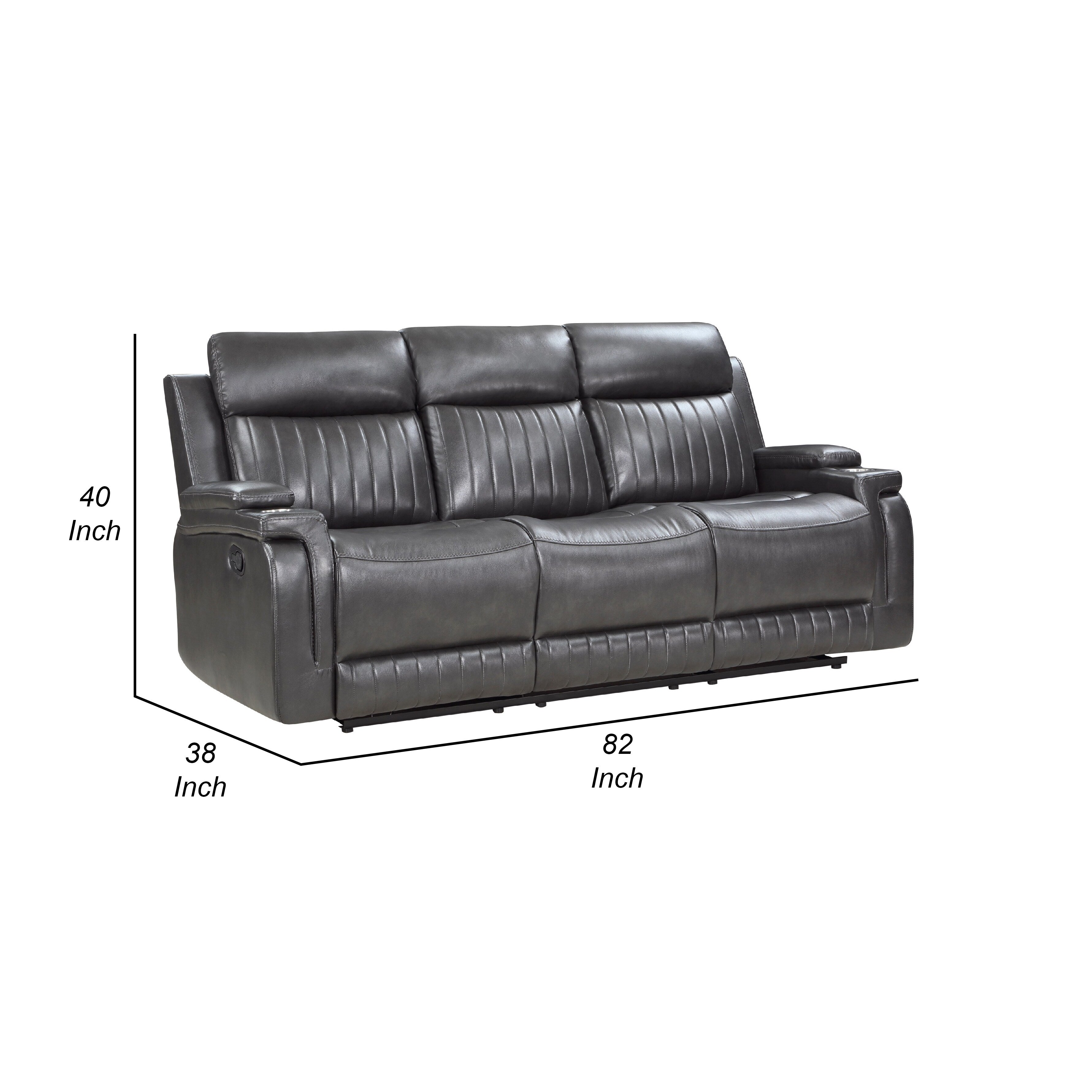 Jolo Manual Recliner Sofa, Drop Table, 82 Inch, Gray Faux Leather