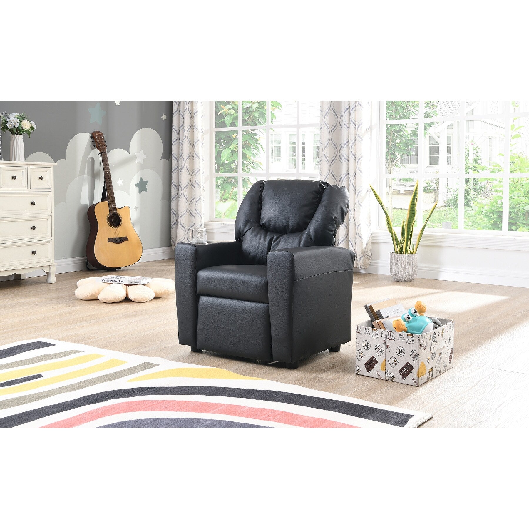 Kids Recliner Chair Black PVC Durable Toddler Chair with Cup Holder Ergonomic Design Easy Assembly 150 lbs Capacity