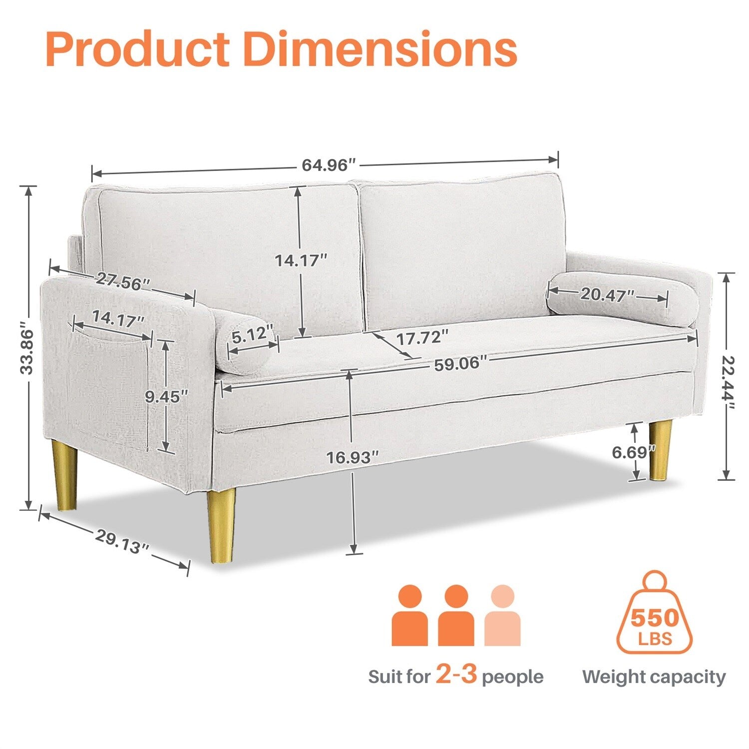 Loveseat Sofa, Fabric Couch Small Couch Love Seat Sofa with Side Pockets for Living Room, Bedroom, Office, Apartment,Small Space