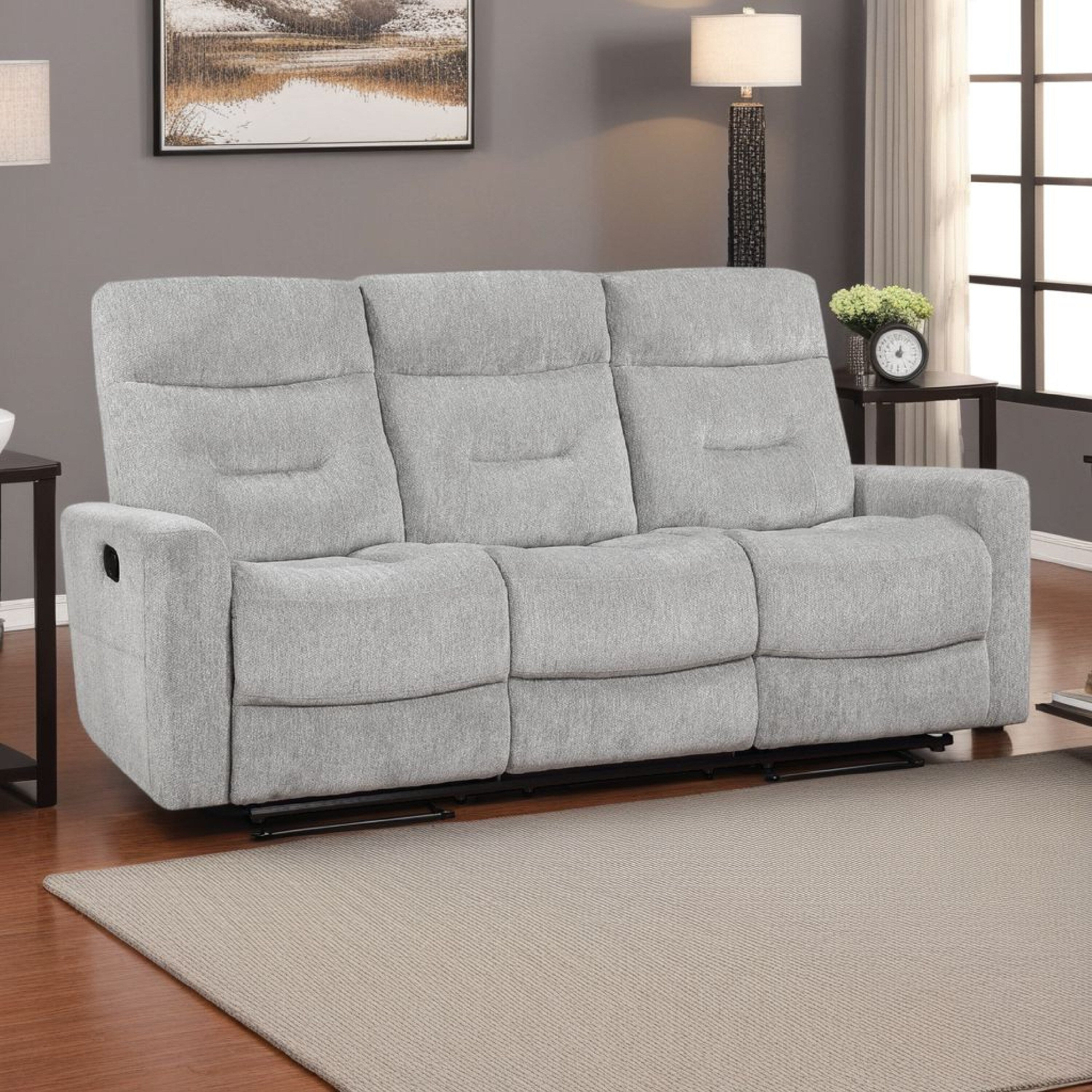 Lyns Manual Double Recliner Sofa, Soft Gray Chenille 81 Inch