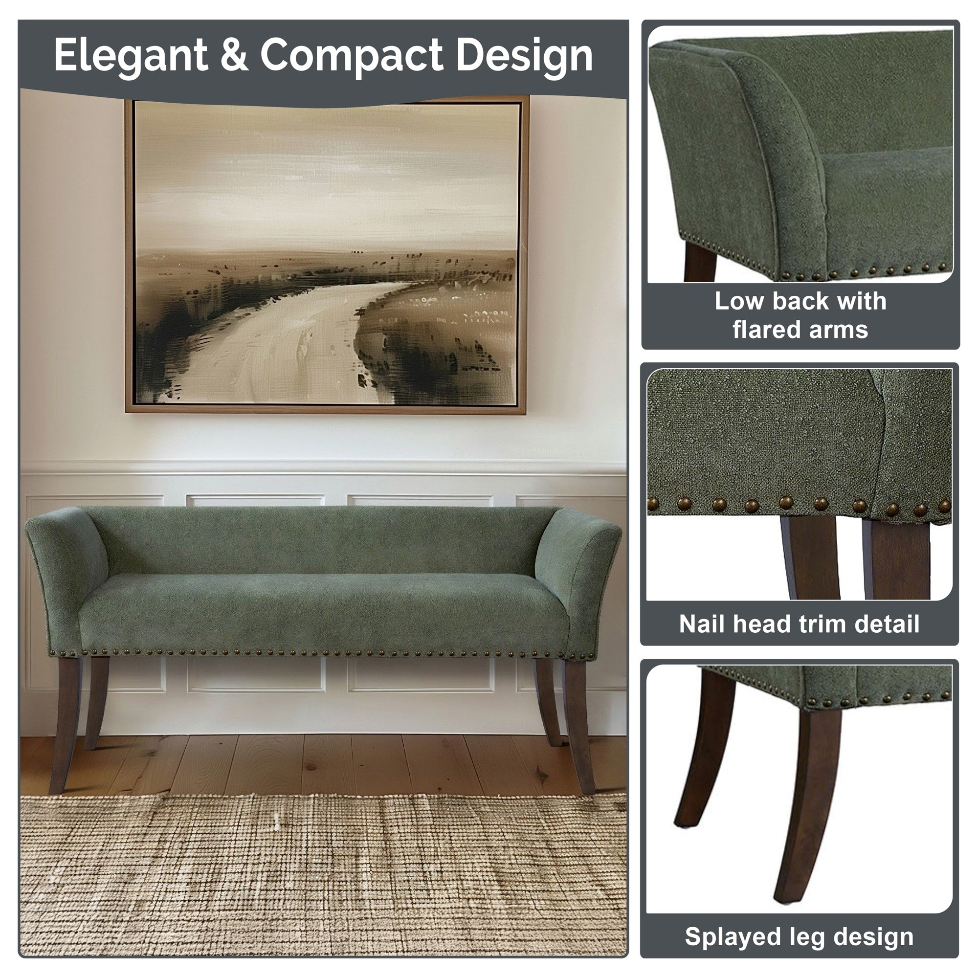 Madison Park Welburn 49.5 Upholstered Bench with Back & Wood Legs