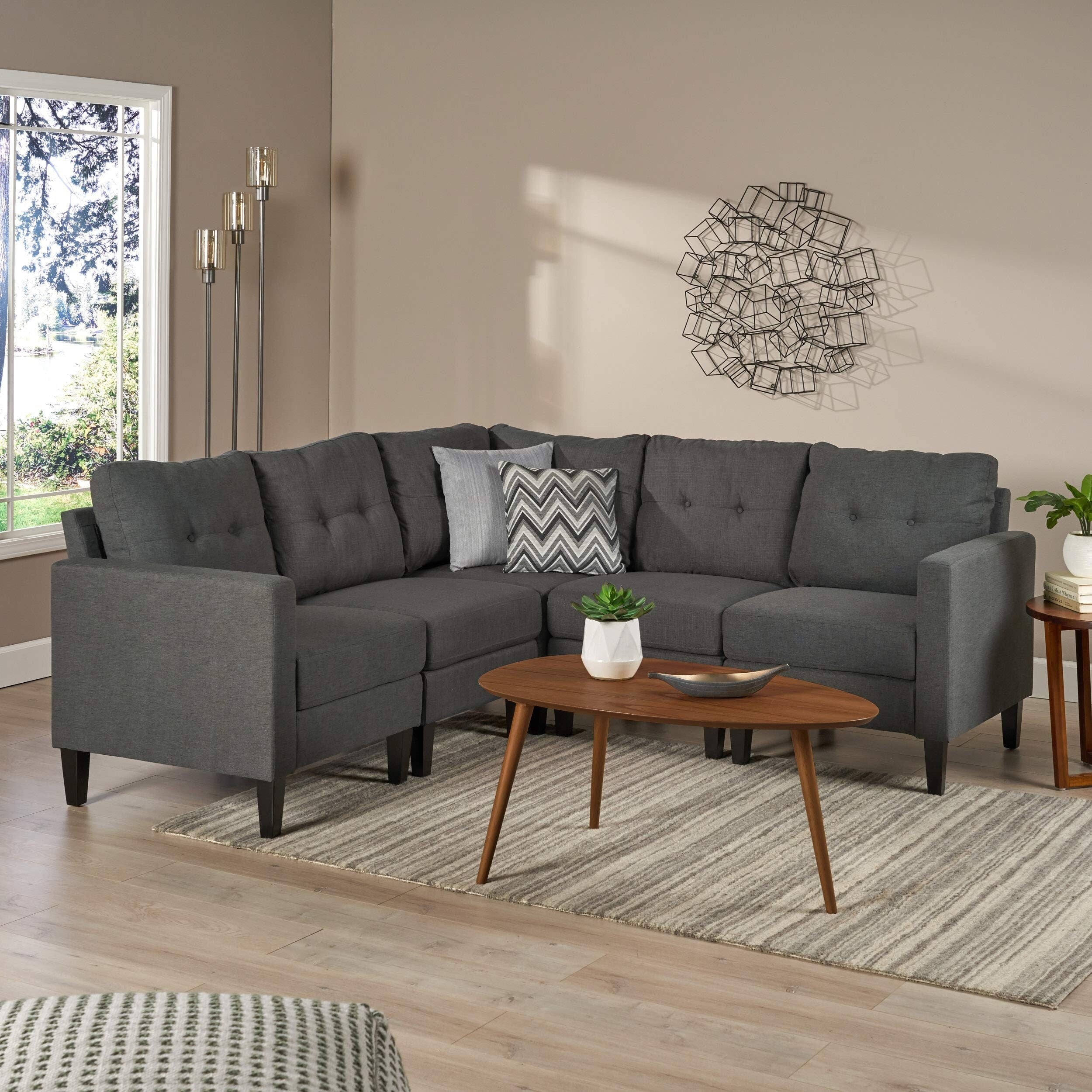Mid-Century 5-Piece Modular Sectional Sofa with Button-Tufted Cushions for Living Room