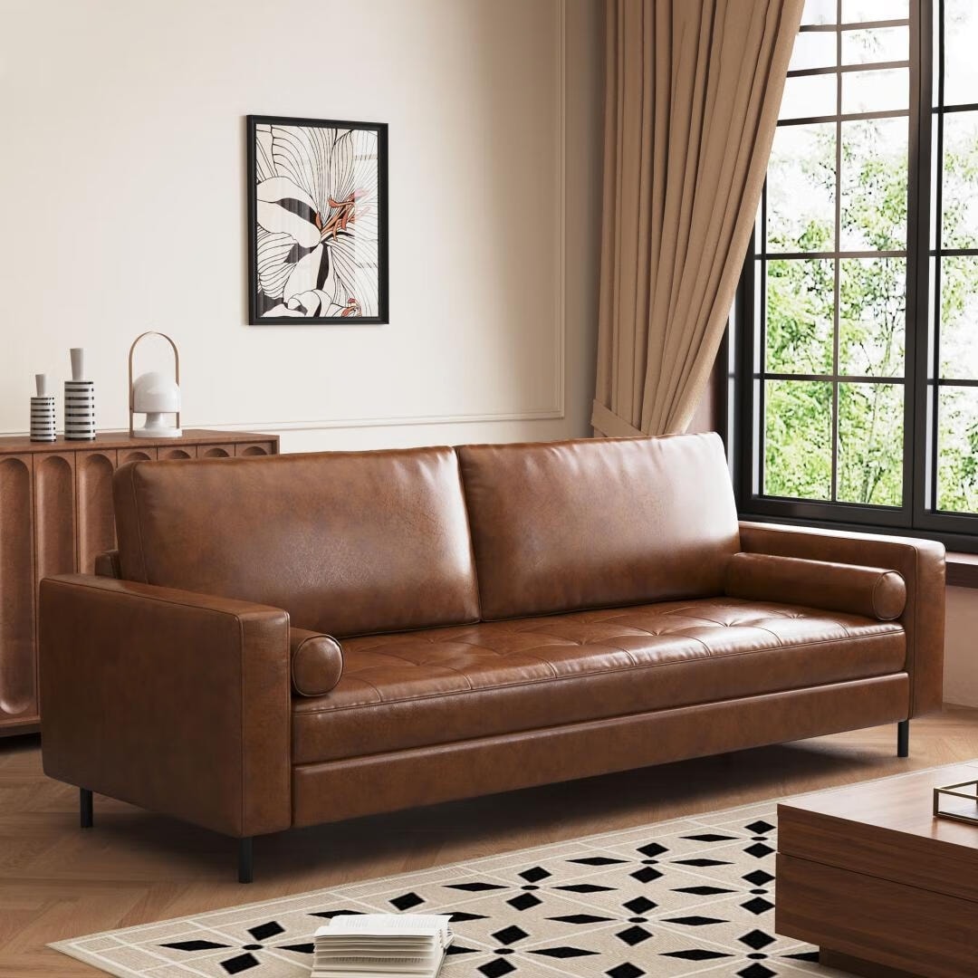 Mid-Century Modern Brown Faux Leather Sofa â?3-Seater Upholstered Couch with Bolster Pillows, Tufted Seat, and Solid Wood Frame