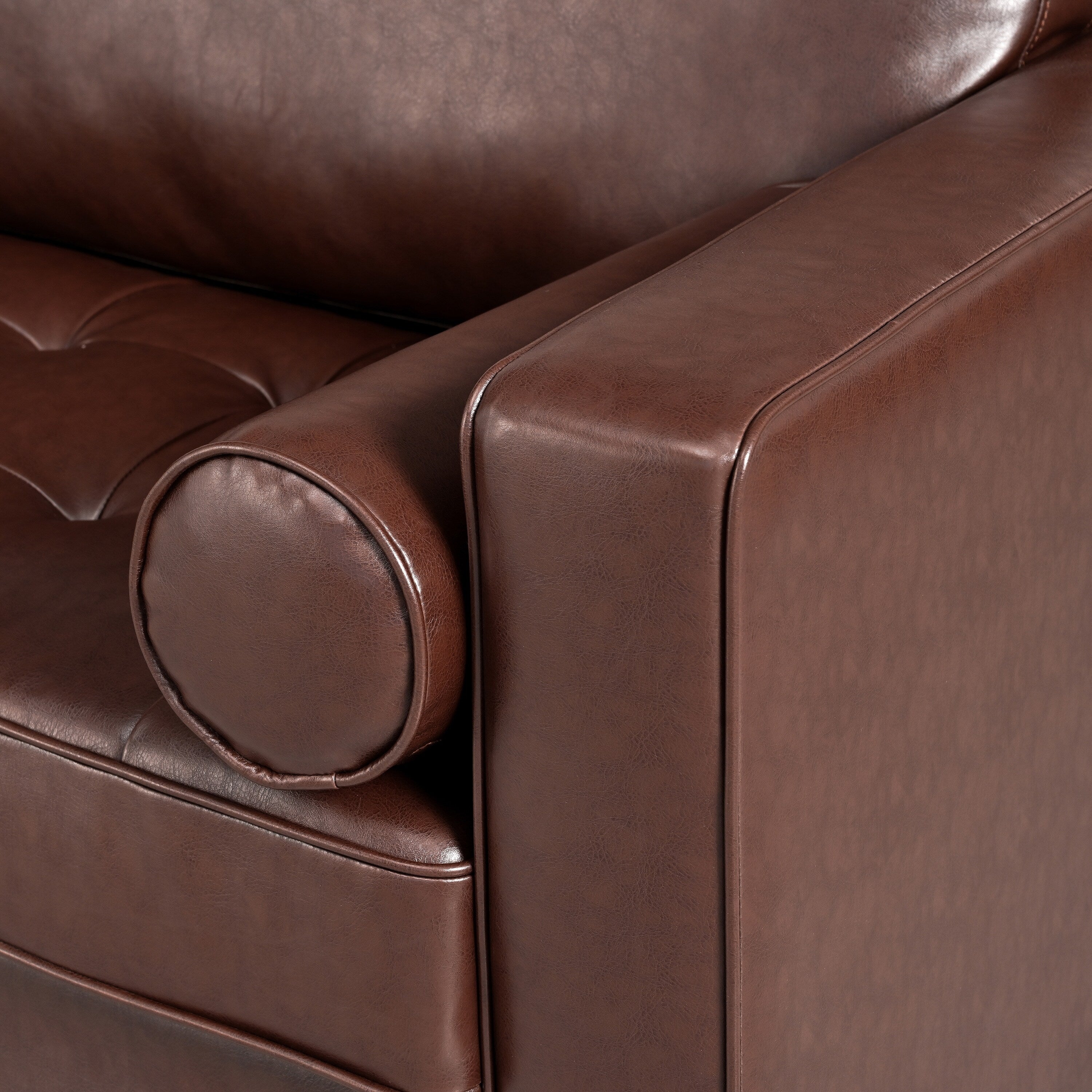Mirod Mid-Century Modern PU Leather 3-Seat Sofa, Tufted Design, Solid Wood Legs, 2 Bolster Pillows