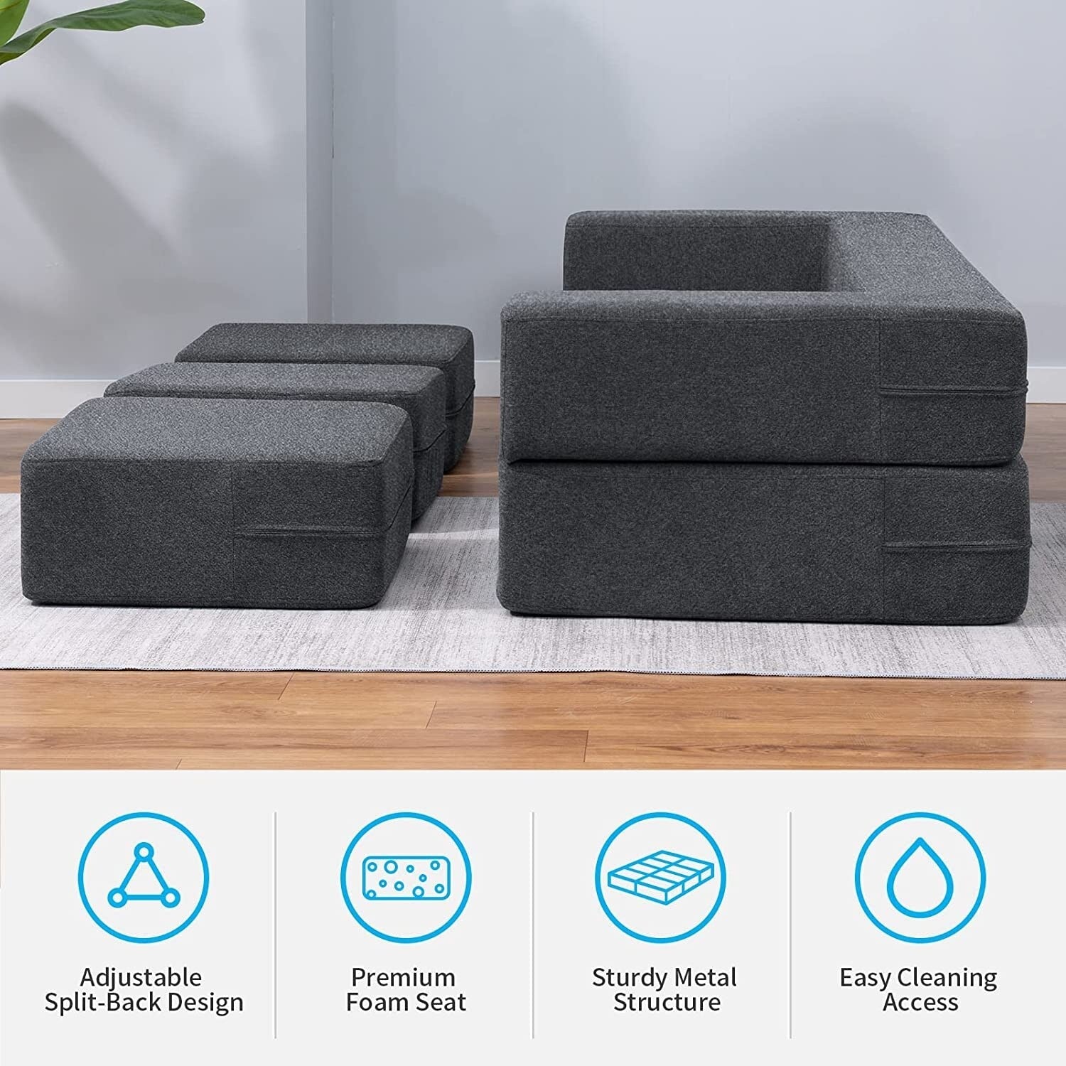 Mixoy Queen Convertible Velvet Futon Sofa Bed with 3 Ottomans,Memory Foam,Foldable Mattress Floor Couch Sofa