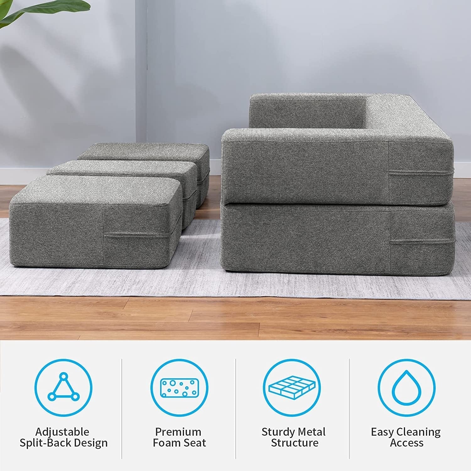 Mixoy Queen Convertible Velvet Futon Sofa Bed with 3 Ottomans,Memory Foam,Foldable Mattress Floor Couch Sofa