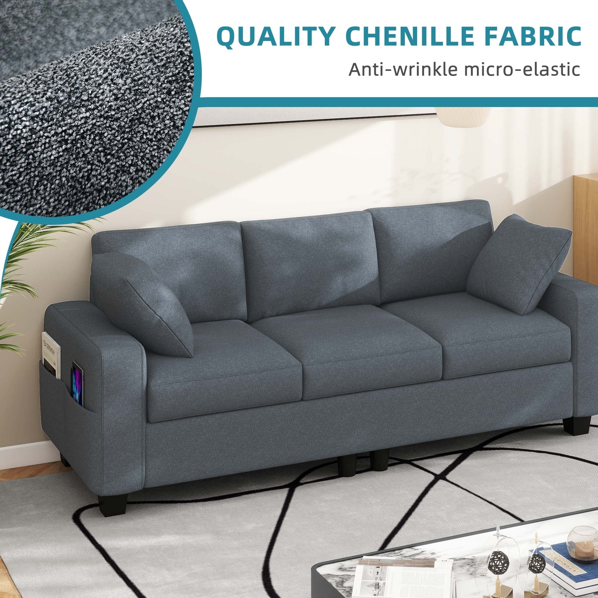 Moasis 80 3-seater Upholstered Sofa 2 Pillows Couches with Side Pockets for Living Room