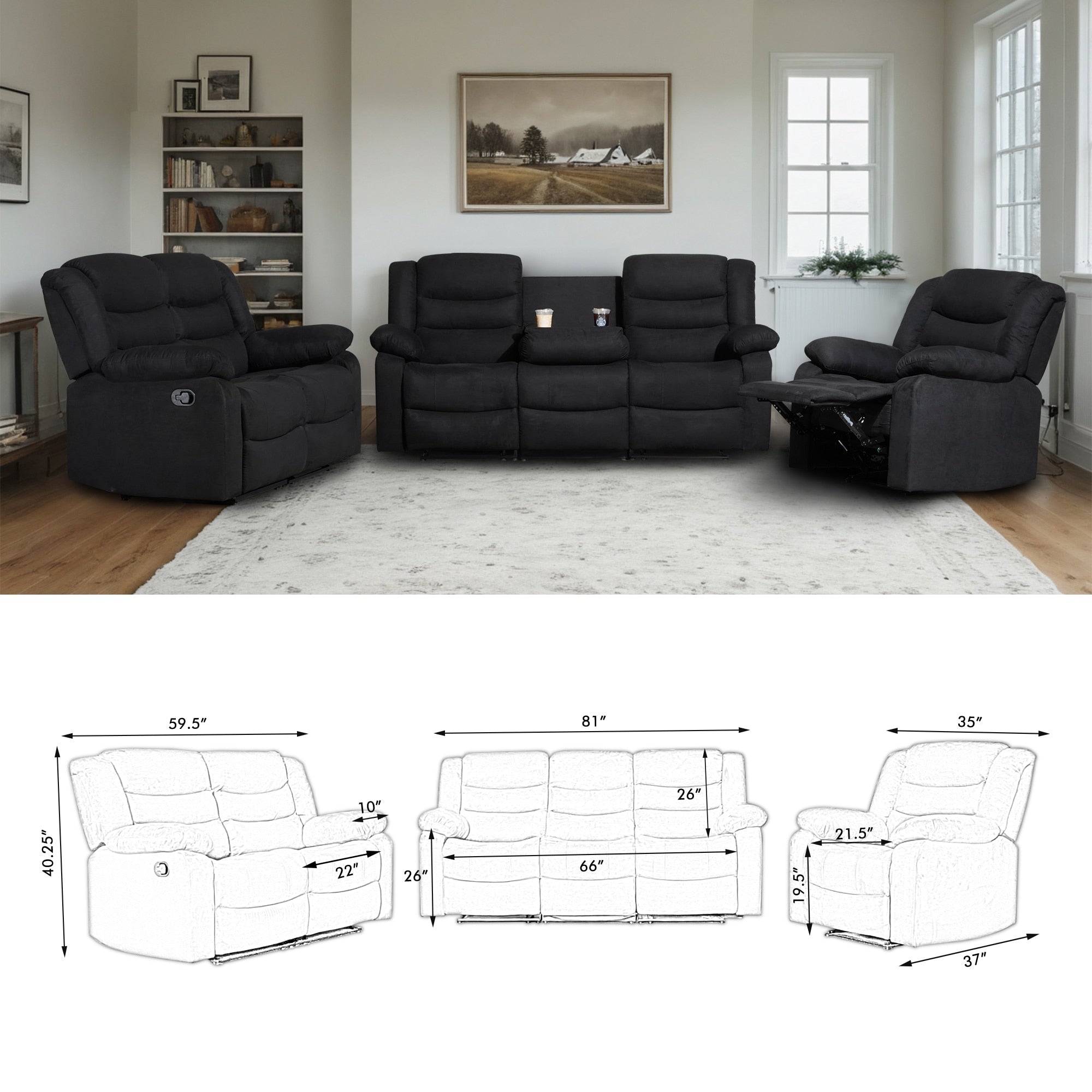 Modern 3-Piece Manual Reclining Living Room Sofa Set with Dropdown Table and Console
