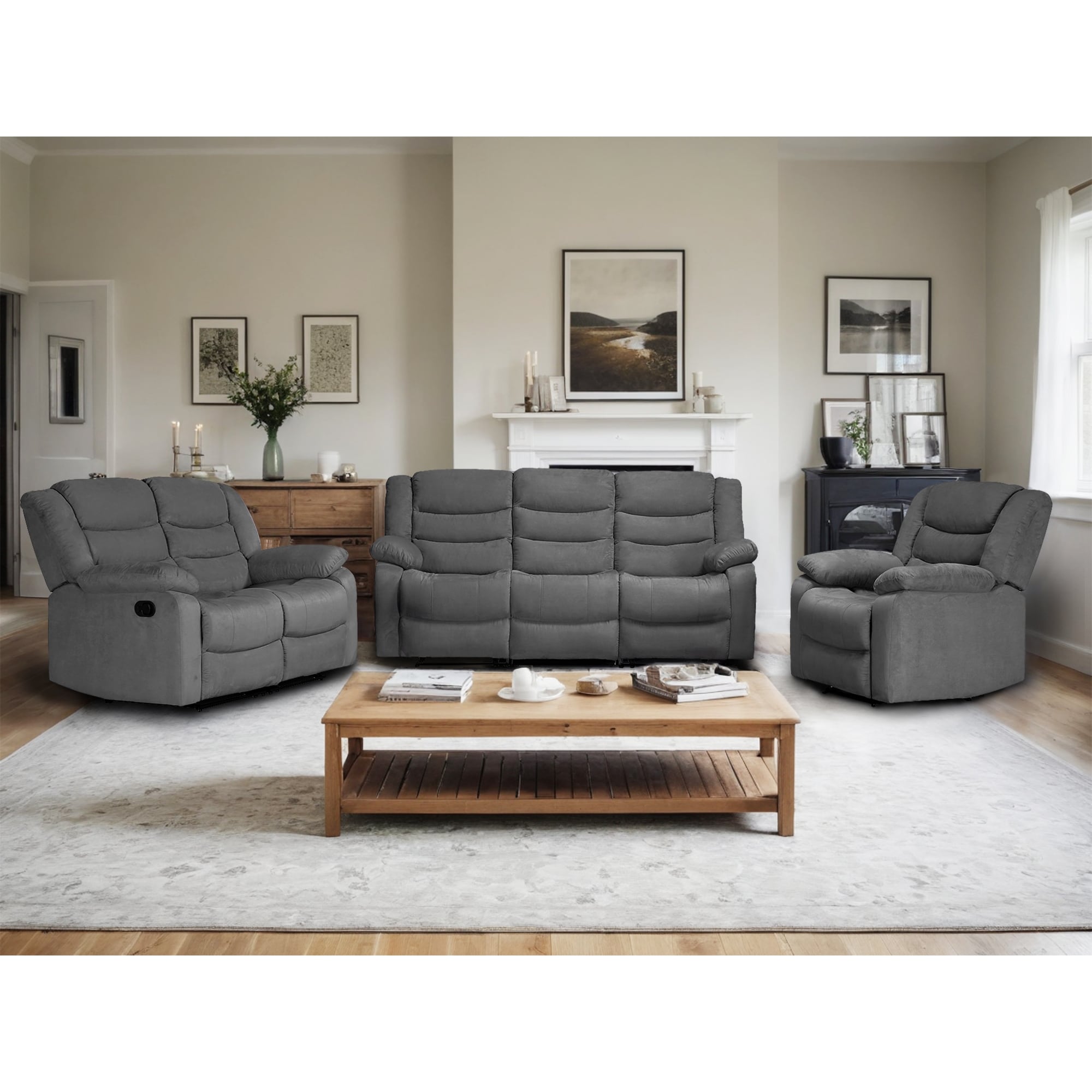 Modern 3-Piece Manual Reclining Living Room Sofa Set with Dropdown Table and Console