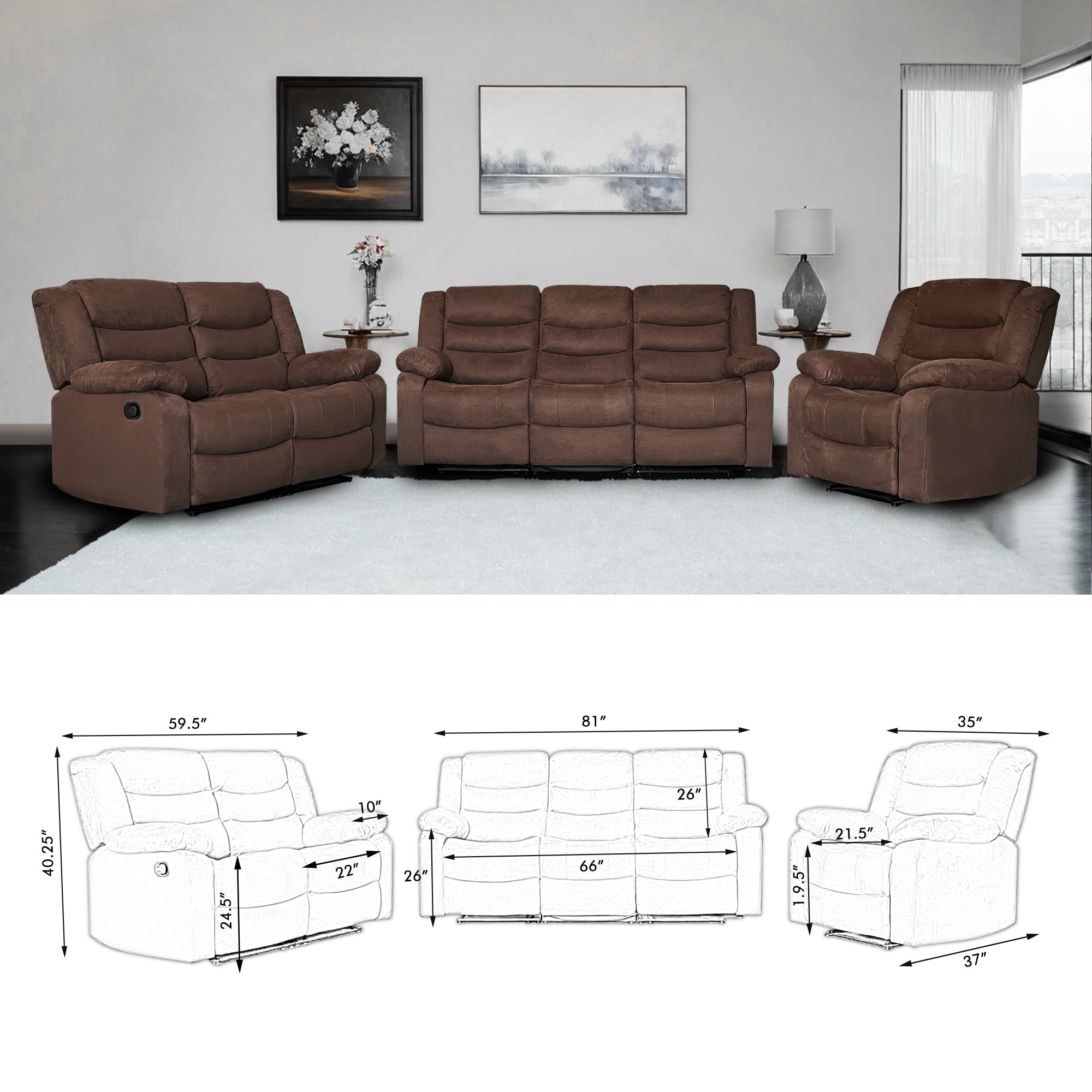 Modern 3-Piece Manual Reclining Living Room Sofa Set with Dropdown Table and Console