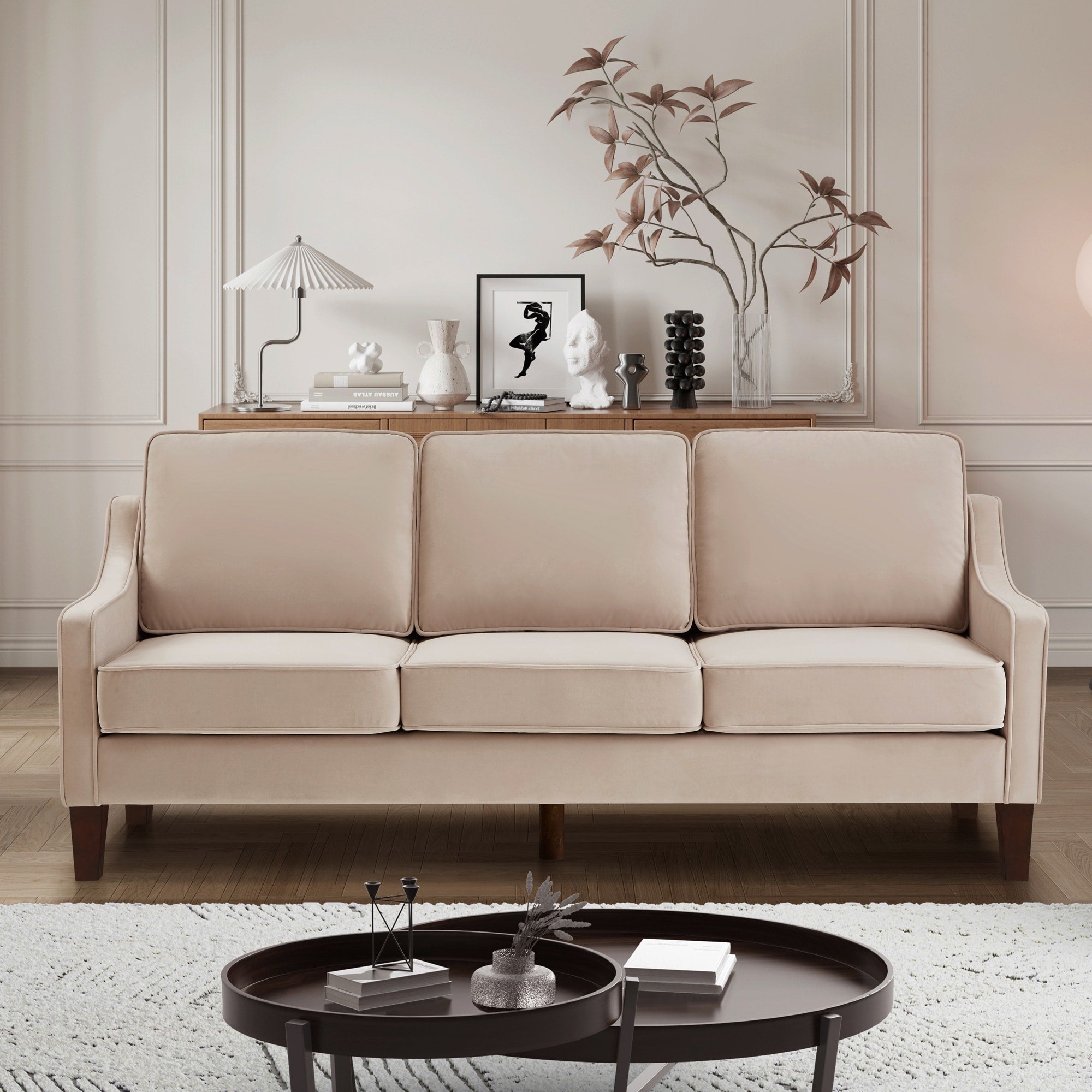 Modern 3-Seat Sofa Couch with Scooped Armrest and Wood Legs - 29.00 x 74.00 x 34.25