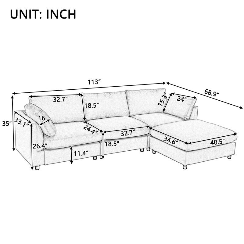 Modern 3-Seat Convertible Sectional Sofa Couch, Grey