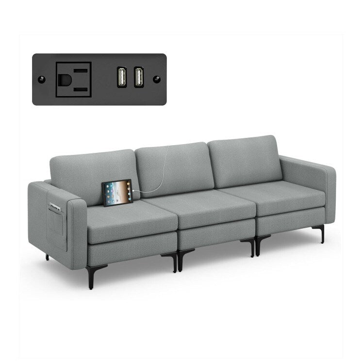 Modern 3-Seat Sofa with Linen Fabric Metal Frame and Detachable Caddy - 94.5 x 32.5 x 32.5(L x W x H)