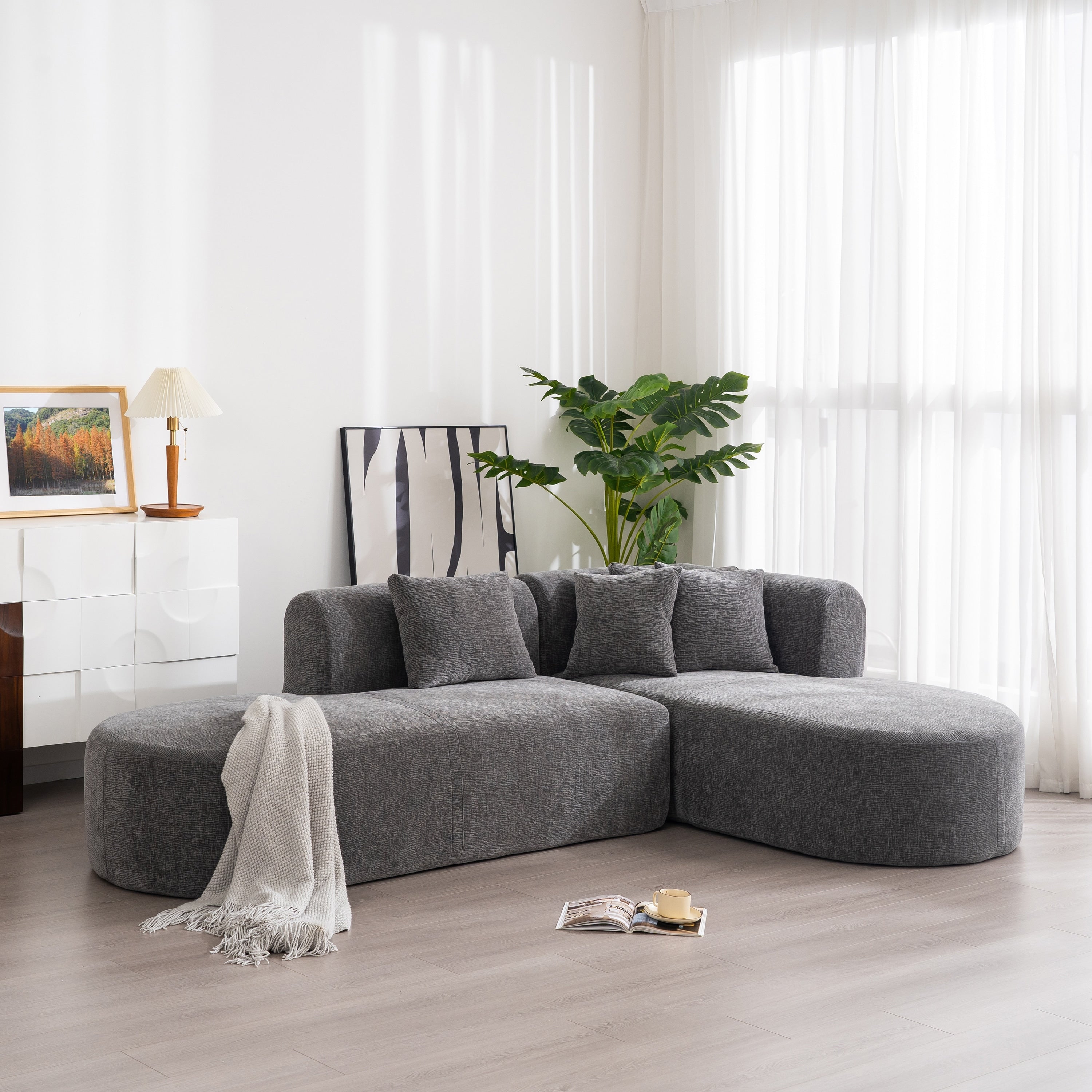 Modern 4-Seater Curved Sectional Sofa with 4 Plush Pillows for Living Room Bedroom