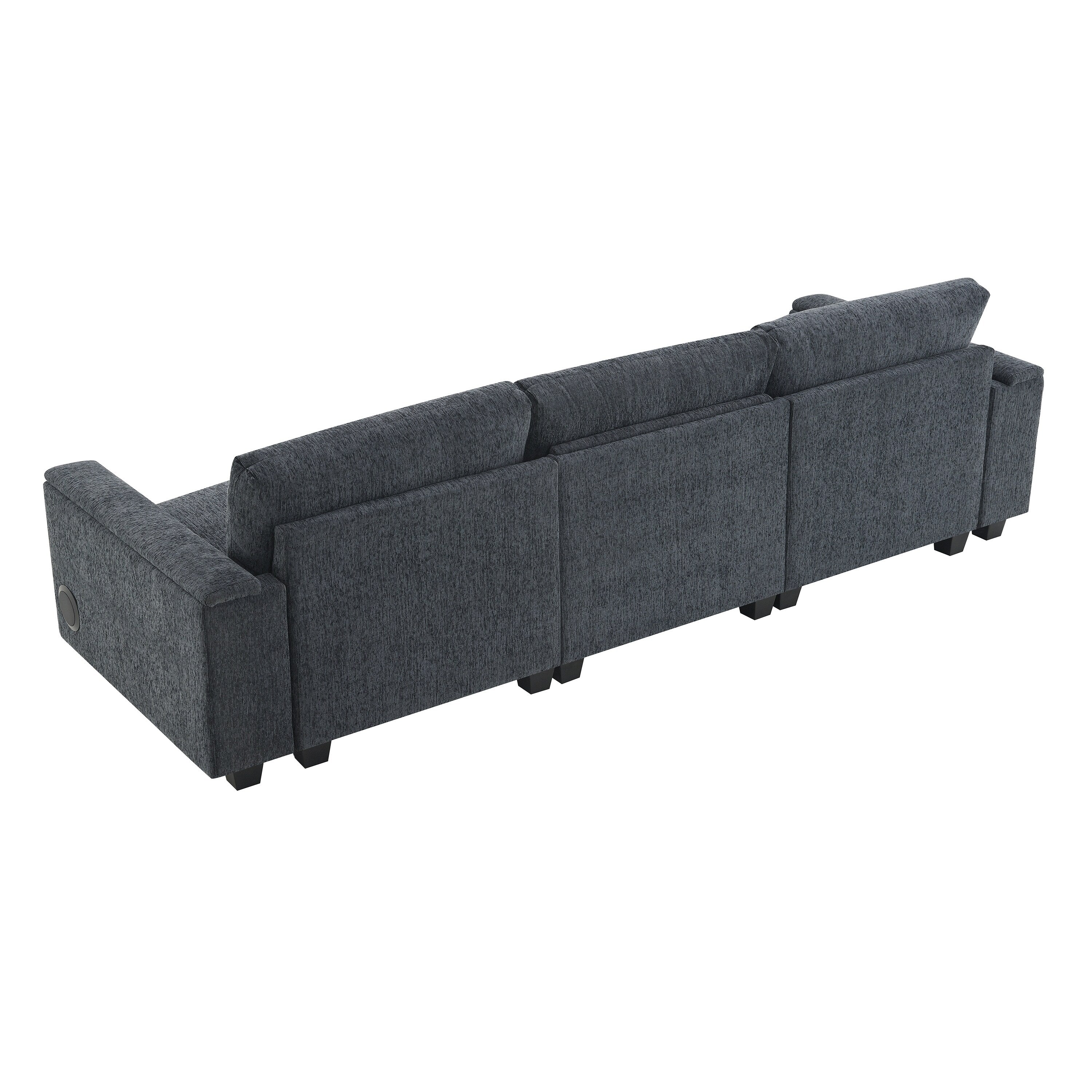 Modern Chenille Sectional Sofa with Fold-Down Table, Bluetooth Speakers, USB Charger, Cup Holders and Hidden Armrest Storage