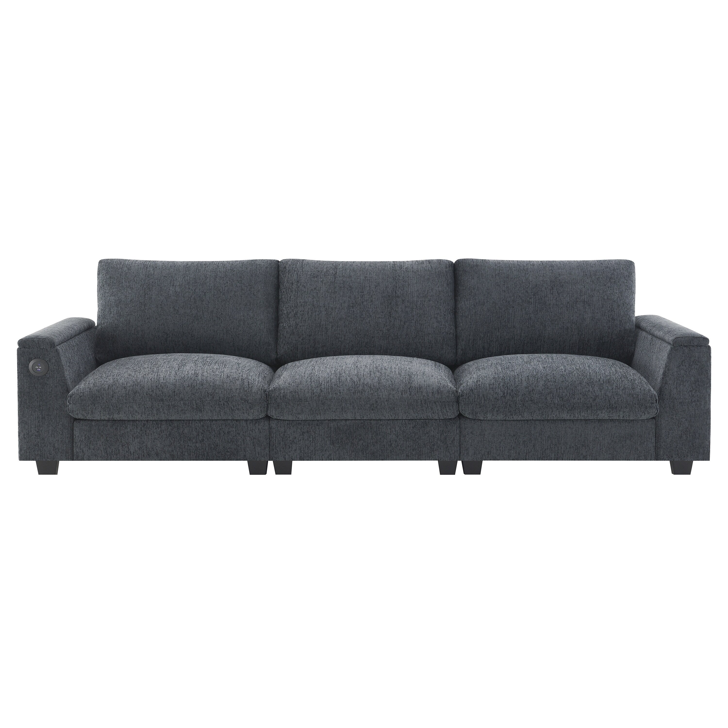 Modern Chenille Sectional Sofa with Fold-Down Table, Bluetooth Speakers, USB Charger, Cup Holders and Hidden Armrest Storage