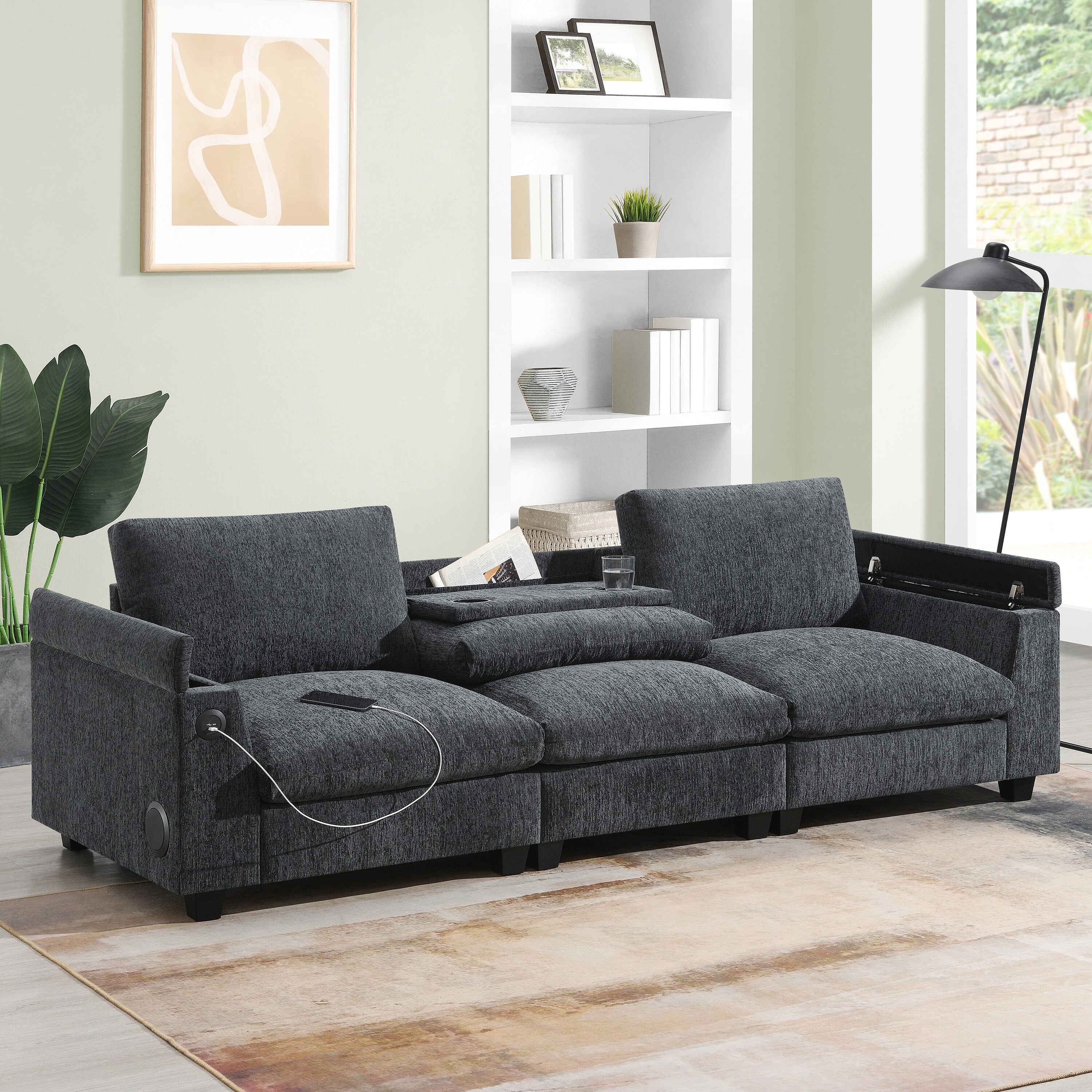 Modern Chenille Sectional Sofa with Fold-Down Table, Bluetooth Speakers, USB Charger, Cup Holders and Hidden Armrest Storage