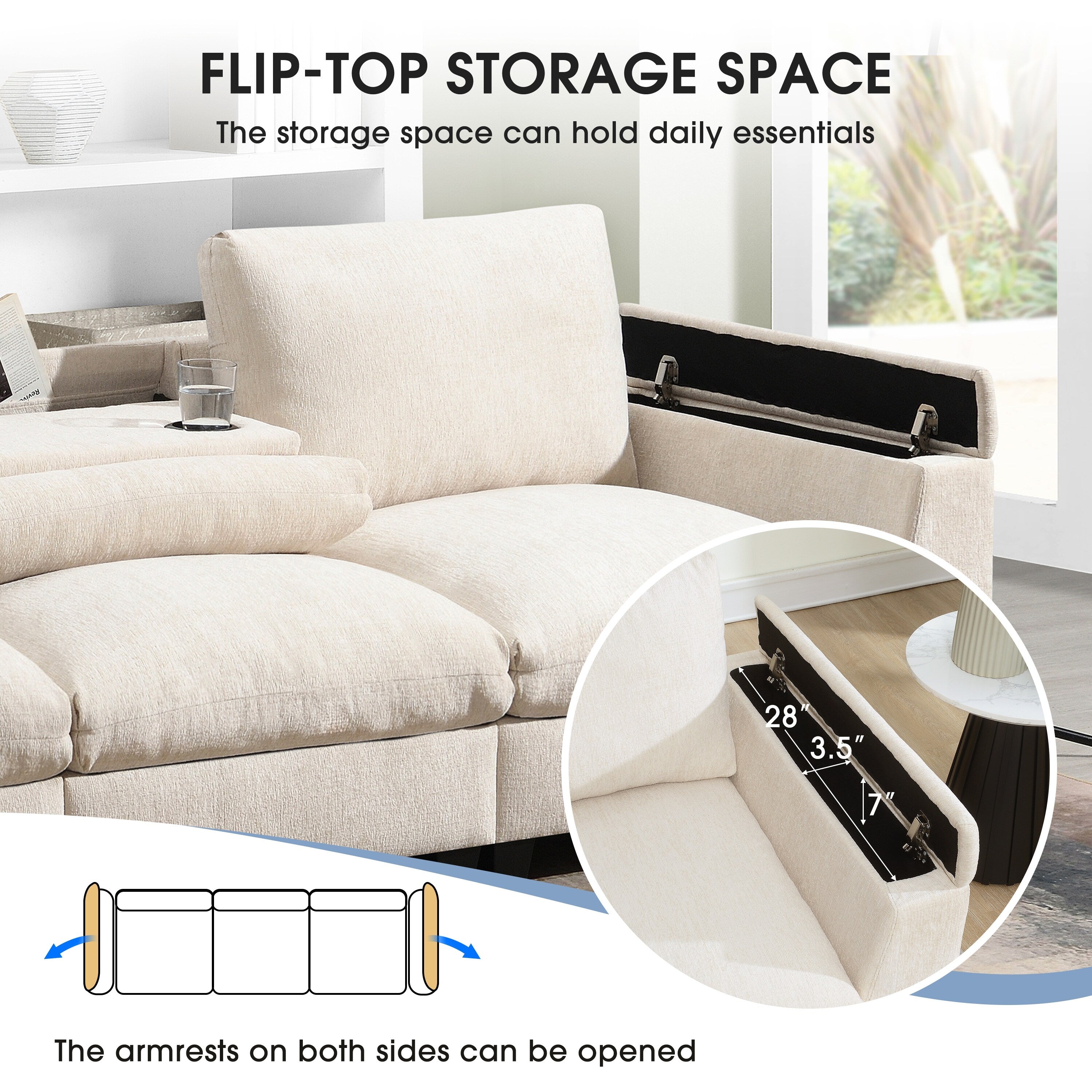 Modern Chenille Sectional Sofa with Fold-Down Table, Bluetooth Speakers, USB Charger, Cup Holders and Hidden Armrest Storage