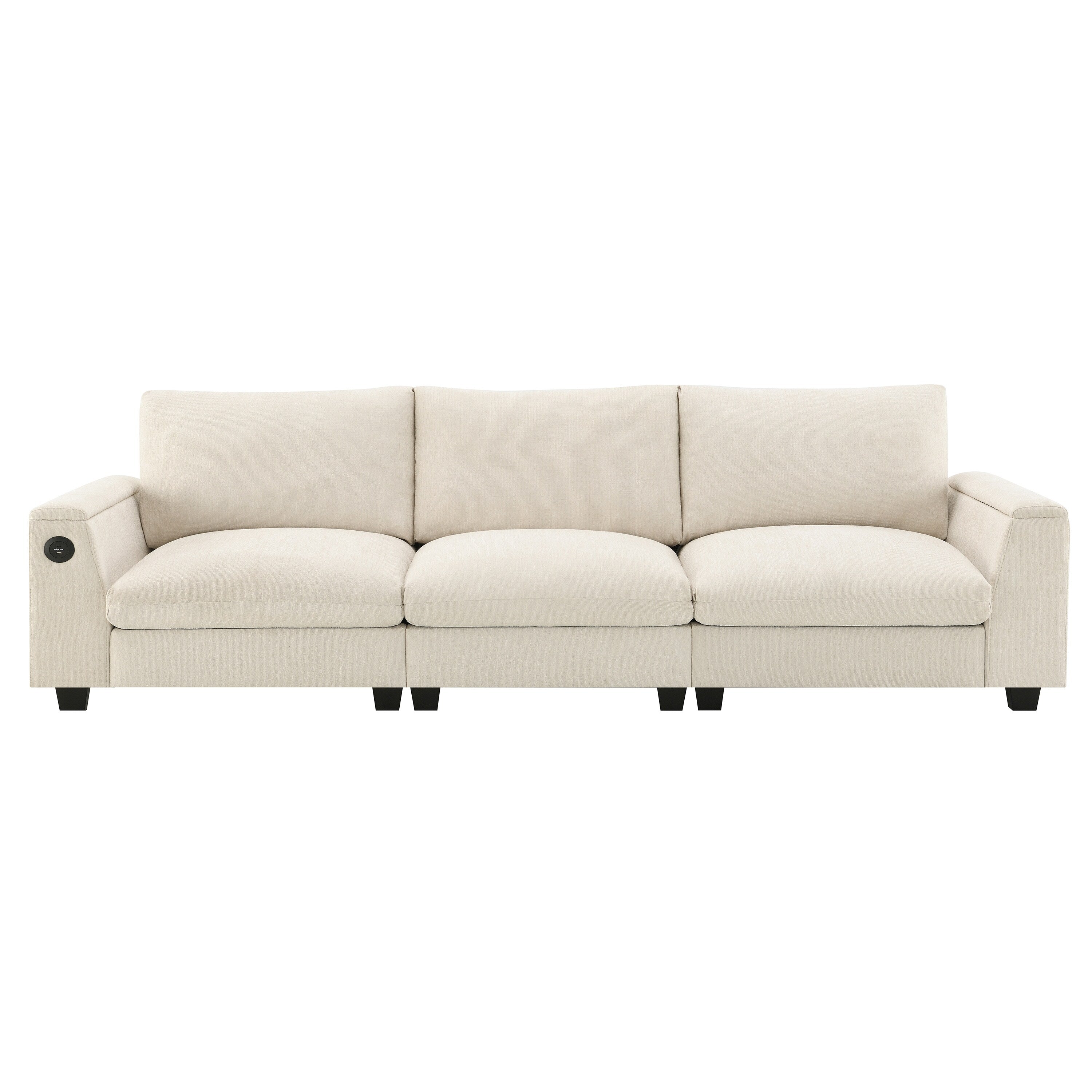 Modern Chenille Sectional Sofa with Fold-Down Table, Bluetooth Speakers, USB Charger, Cup Holders and Hidden Armrest Storage