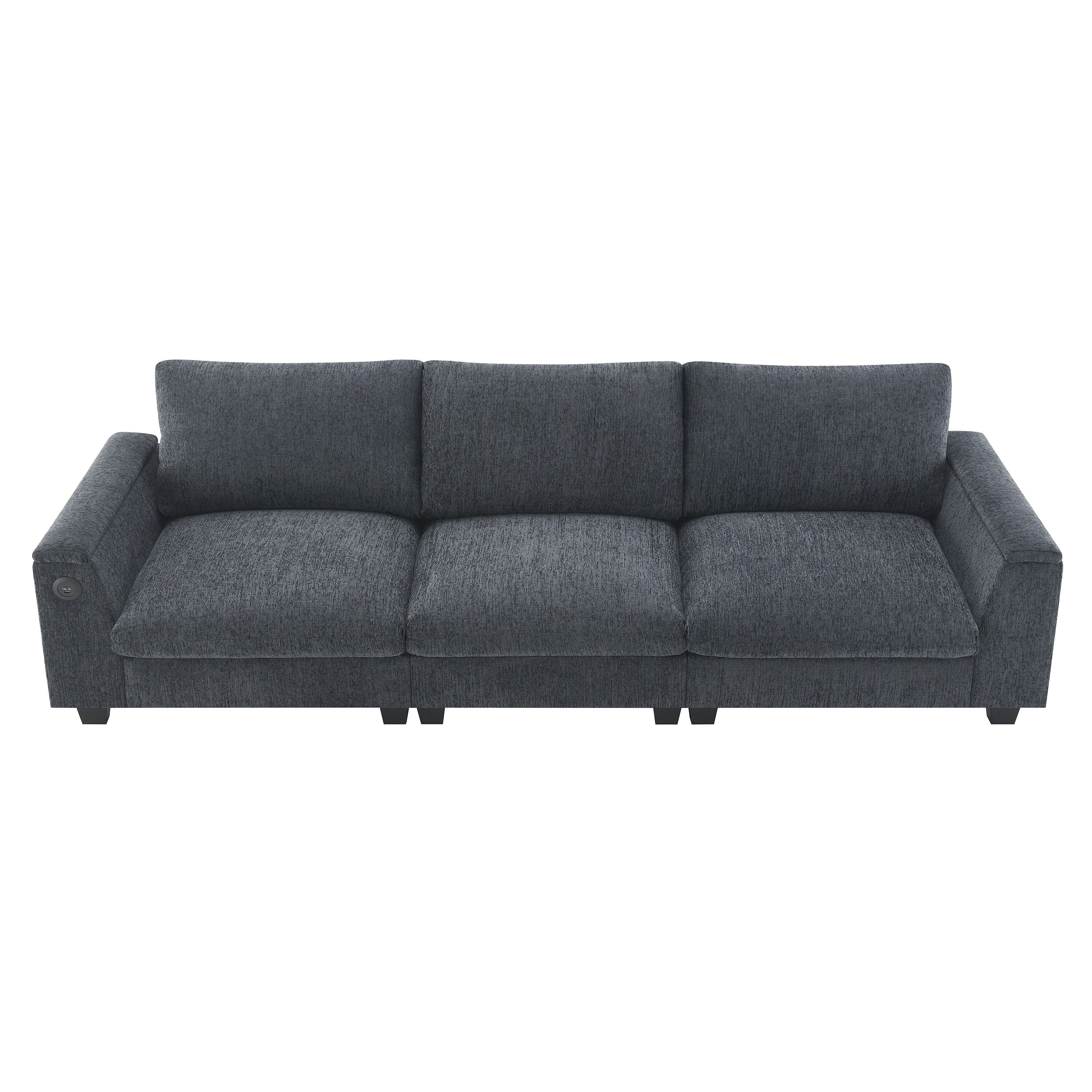 Modern Chenille Sectional Sofa with Fold-Down Table, Bluetooth Speakers, USB Charger, Cup Holders and Hidden Armrest Storage
