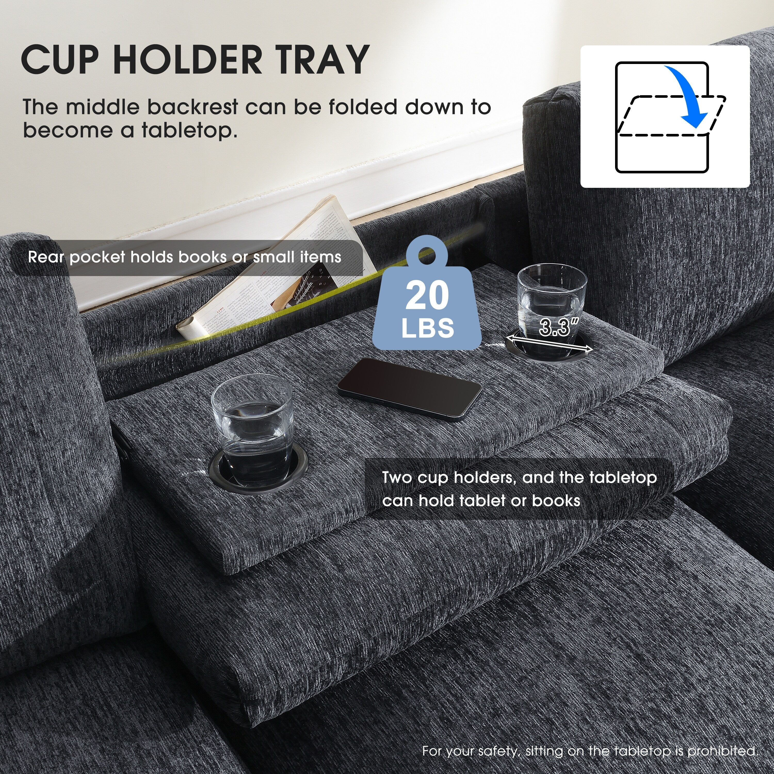 Modern Chenille Sectional Sofa with Fold-Down Table, Bluetooth Speakers, USB Charger, Cup Holders and Hidden Armrest Storage