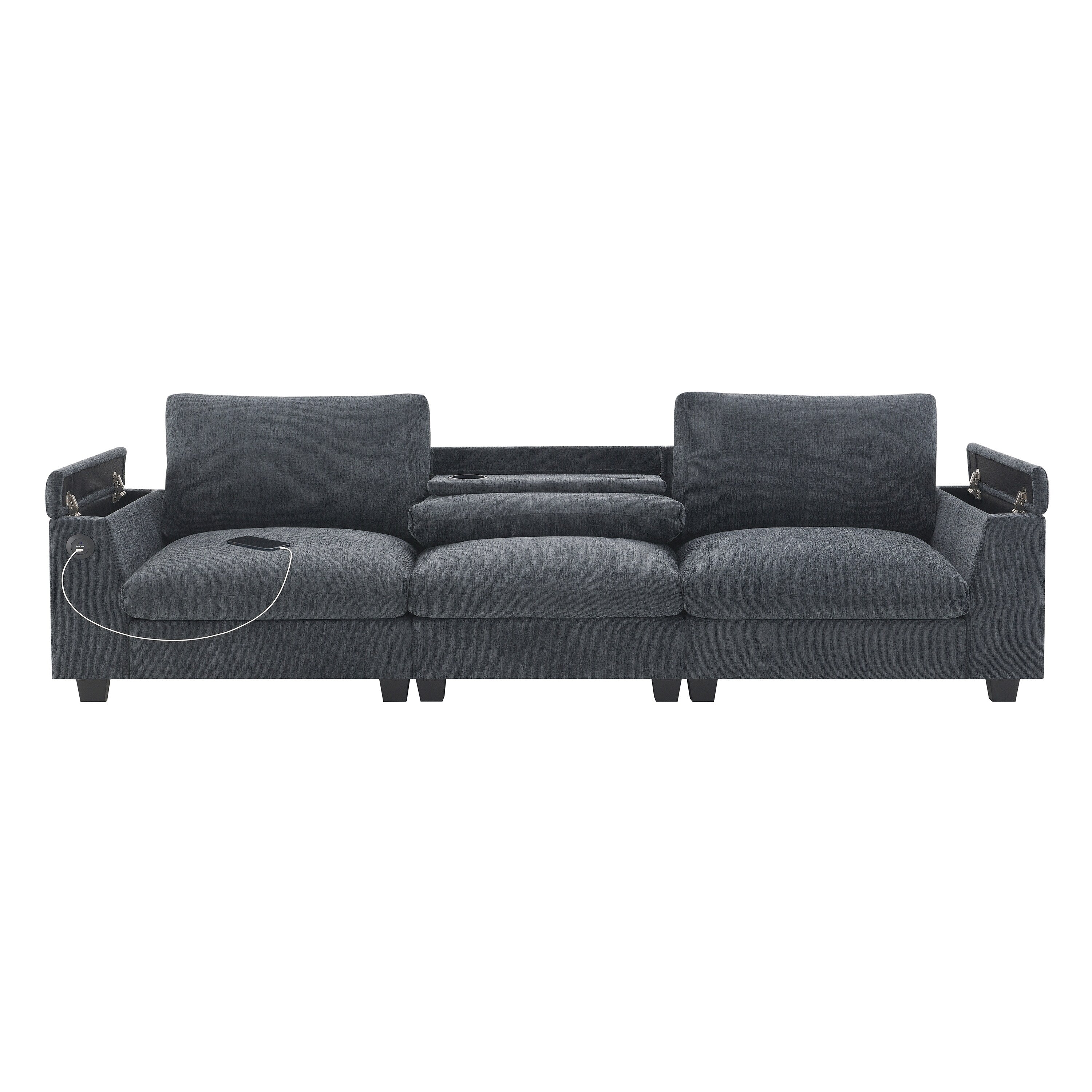 Modern Chenille Sectional Sofa with Fold-Down Table, Bluetooth Speakers, USB Charger, Cup Holders and Hidden Armrest Storage