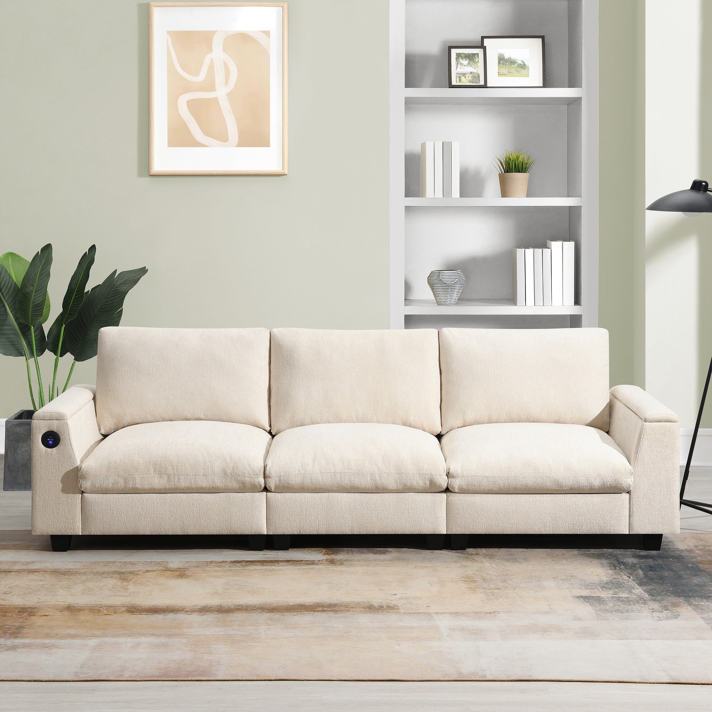 Modern Chenille Sectional Sofa with Fold-Down Table, Bluetooth Speakers, USB Charger, Cup Holders and Hidden Armrest Storage
