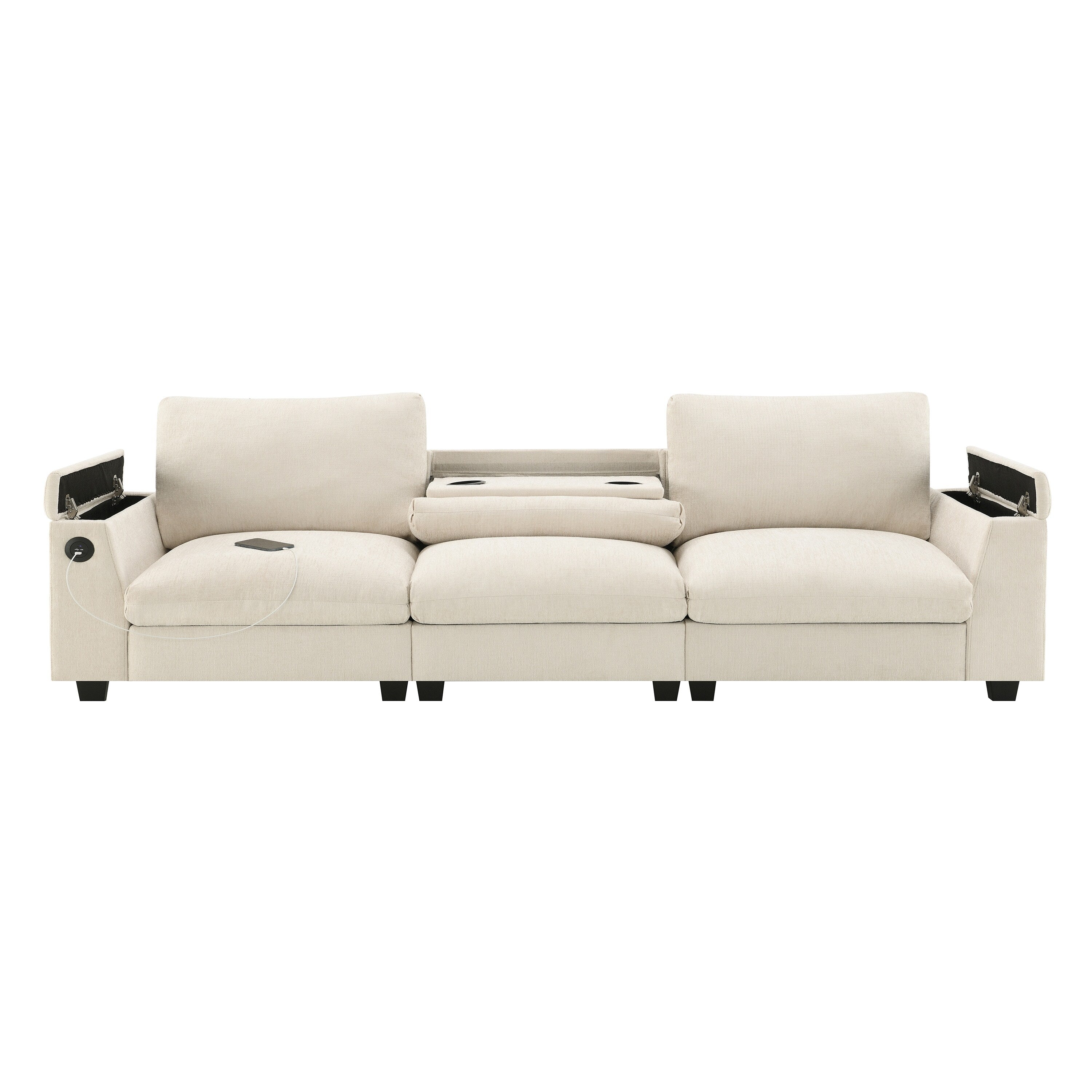 Modern Chenille Sectional Sofa with Fold-Down Table, Bluetooth Speakers, USB Charger, Cup Holders and Hidden Armrest Storage