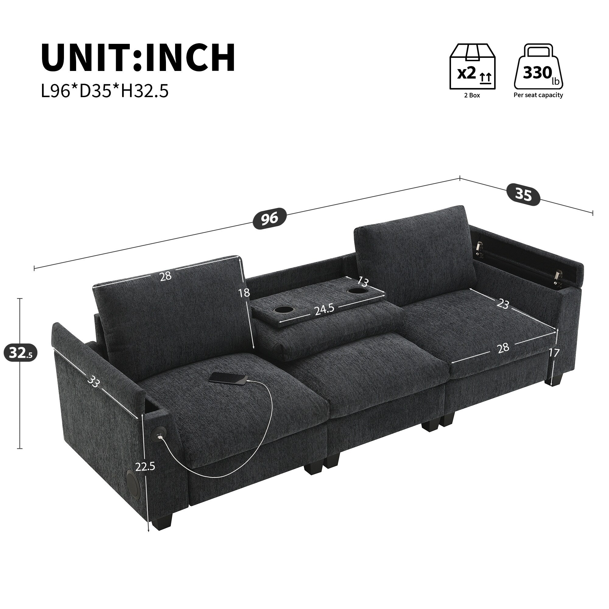 Modern Chenille Sectional Sofa with Fold-Down Table, Bluetooth Speakers, USB Charger, Cup Holders and Hidden Armrest Storage